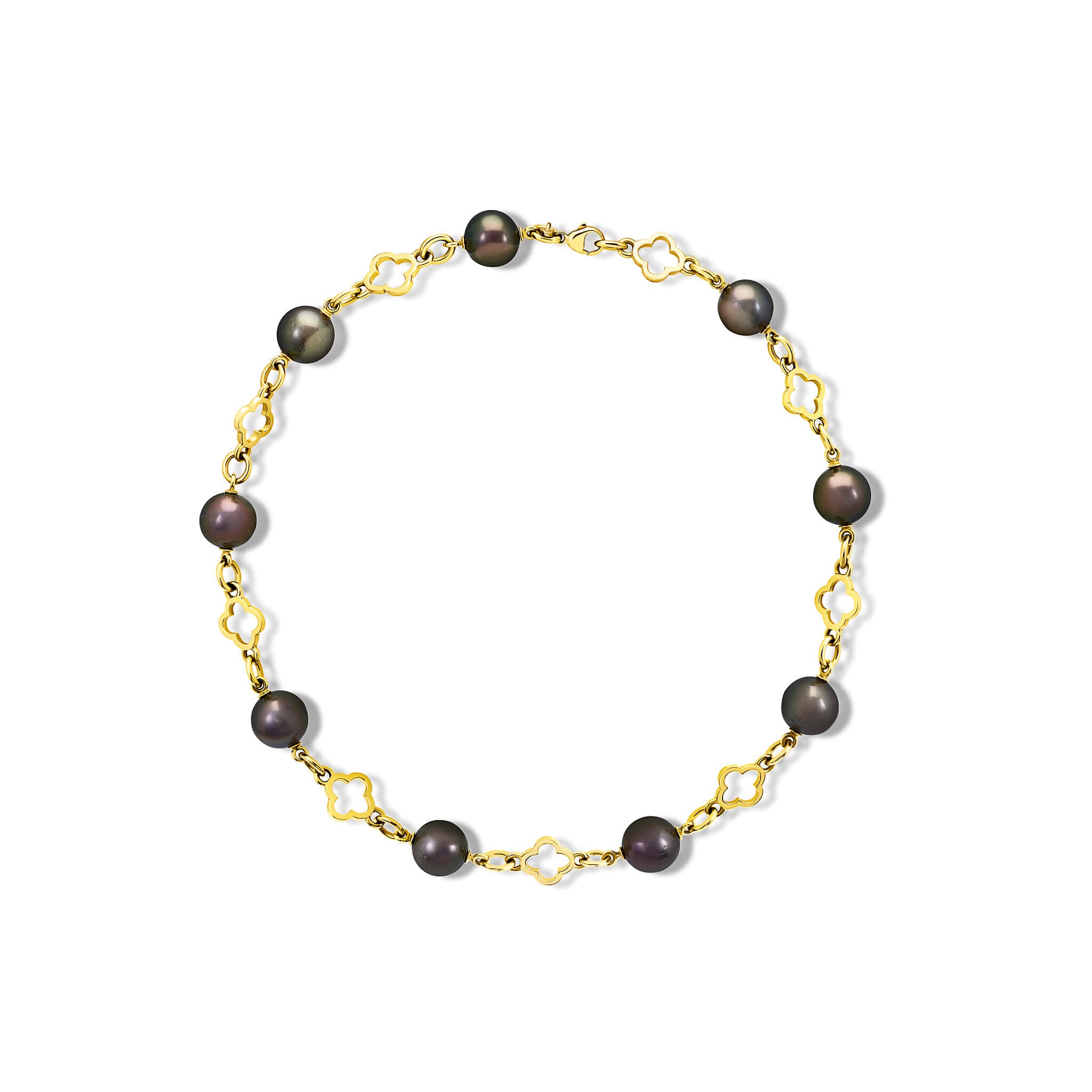 Handcrafted 18ct yellow gold necklace with alternating tahitian pearls and pierced gold motifs in the shape of a flower.