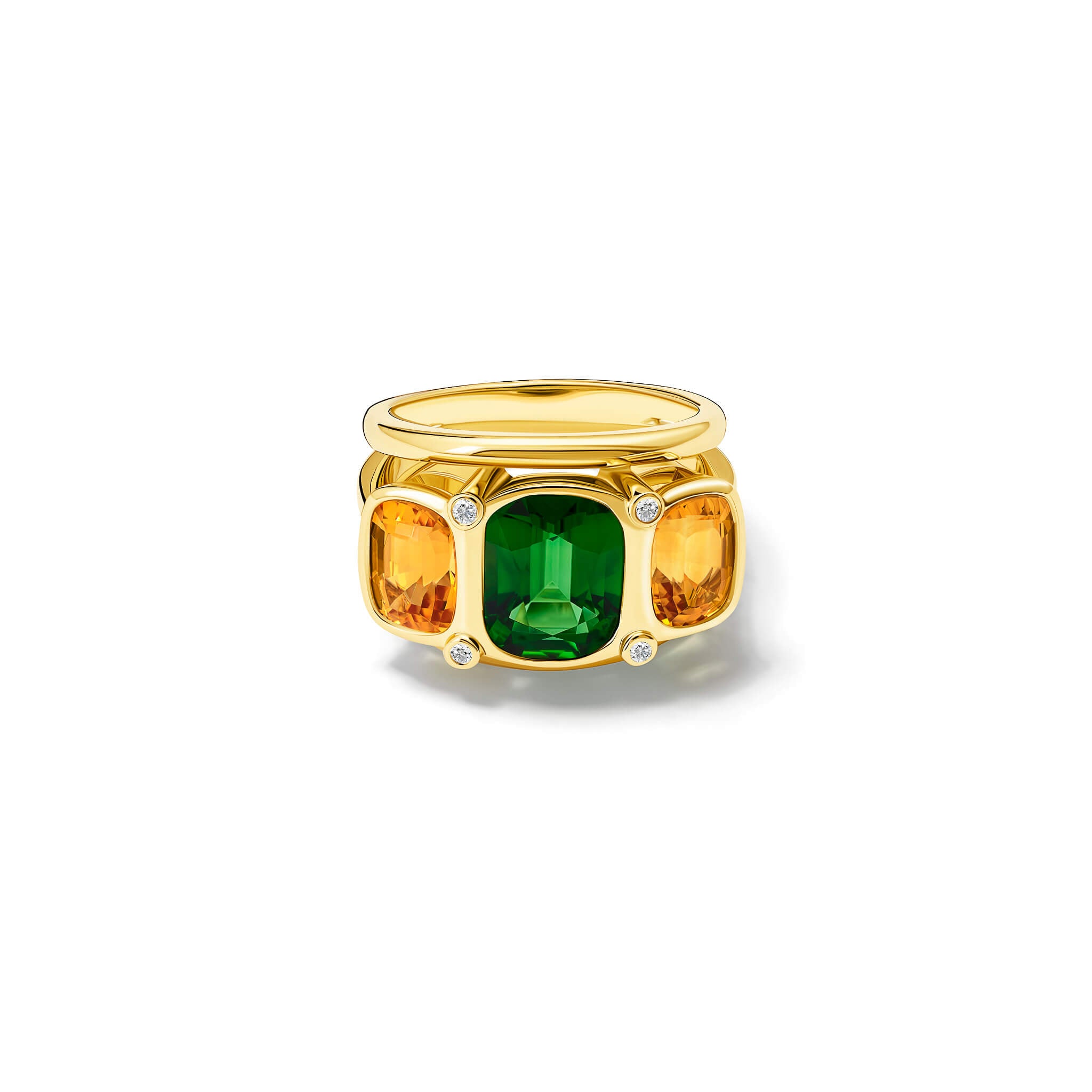 Handcrafted 18ct yellow gold ring featuring a central rectangular shaped green tourmaline, two citrines and diamonds.