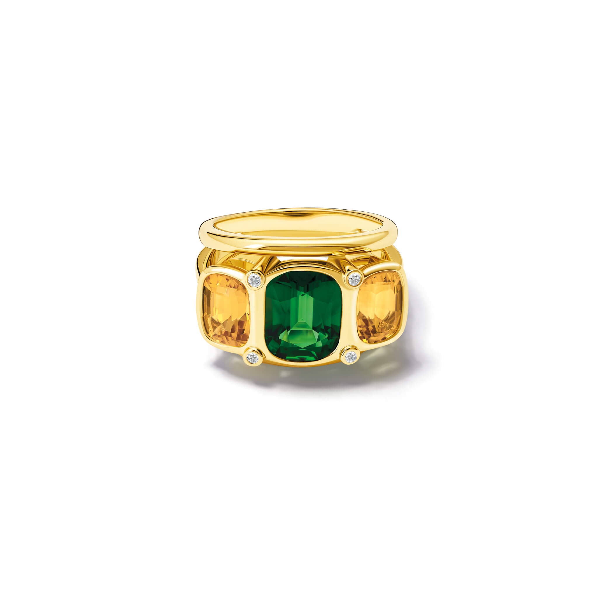 Handcrafted 18ct yellow gold ring featuring a central rectangular shaped green tourmaline, two citrines and diamonds.