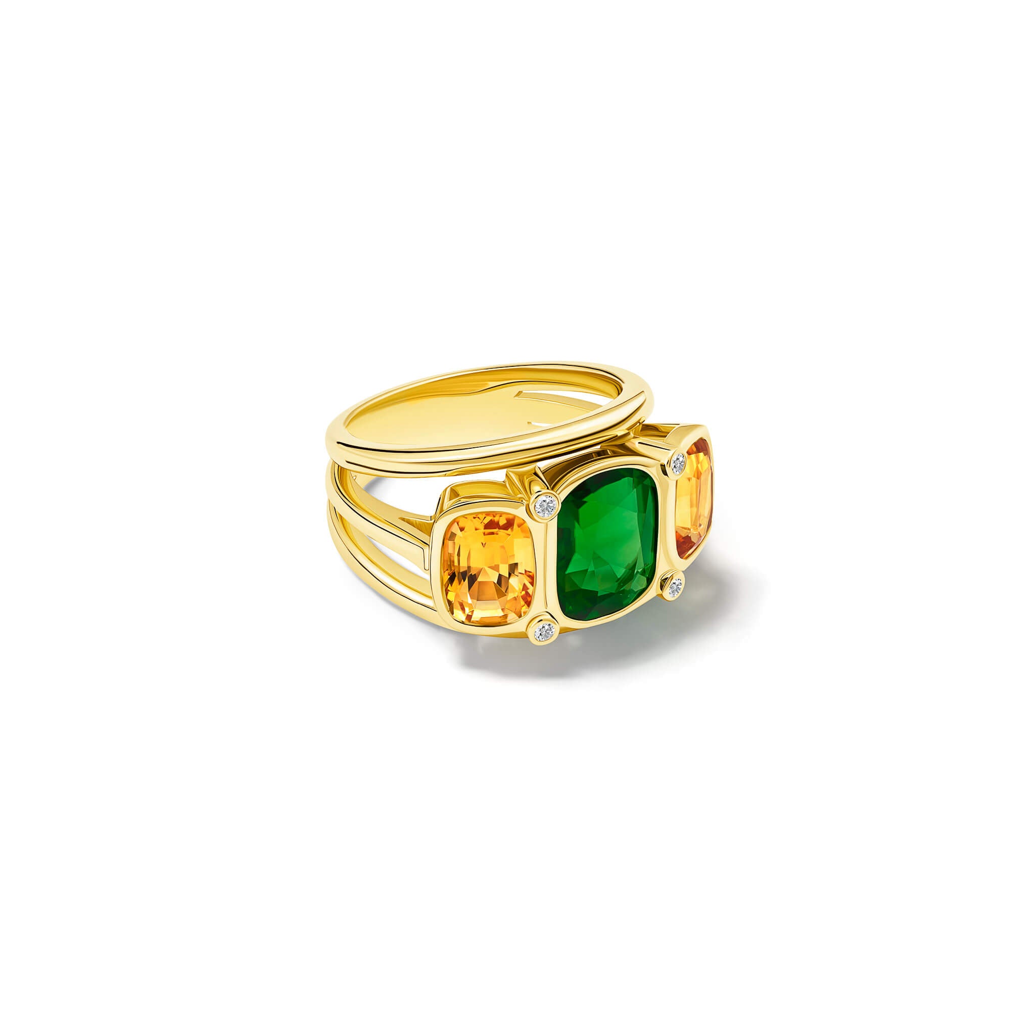 Handcrafted 18ct yellow gold ring featuring a central rectangular shaped green tourmaline, two citrines and diamonds.