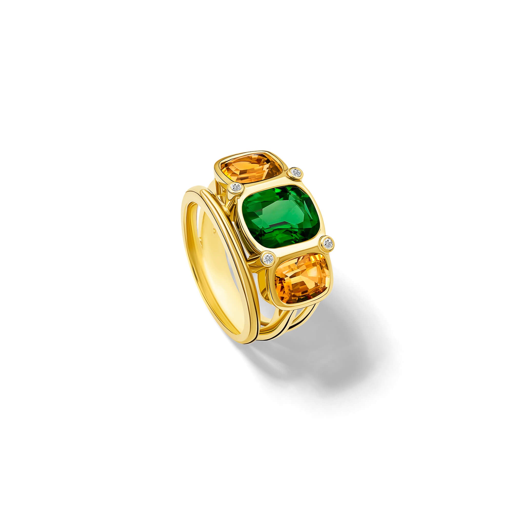 Handcrafted 18ct yellow gold ring featuring a central rectangular shaped green tourmaline, two citrines and diamonds.