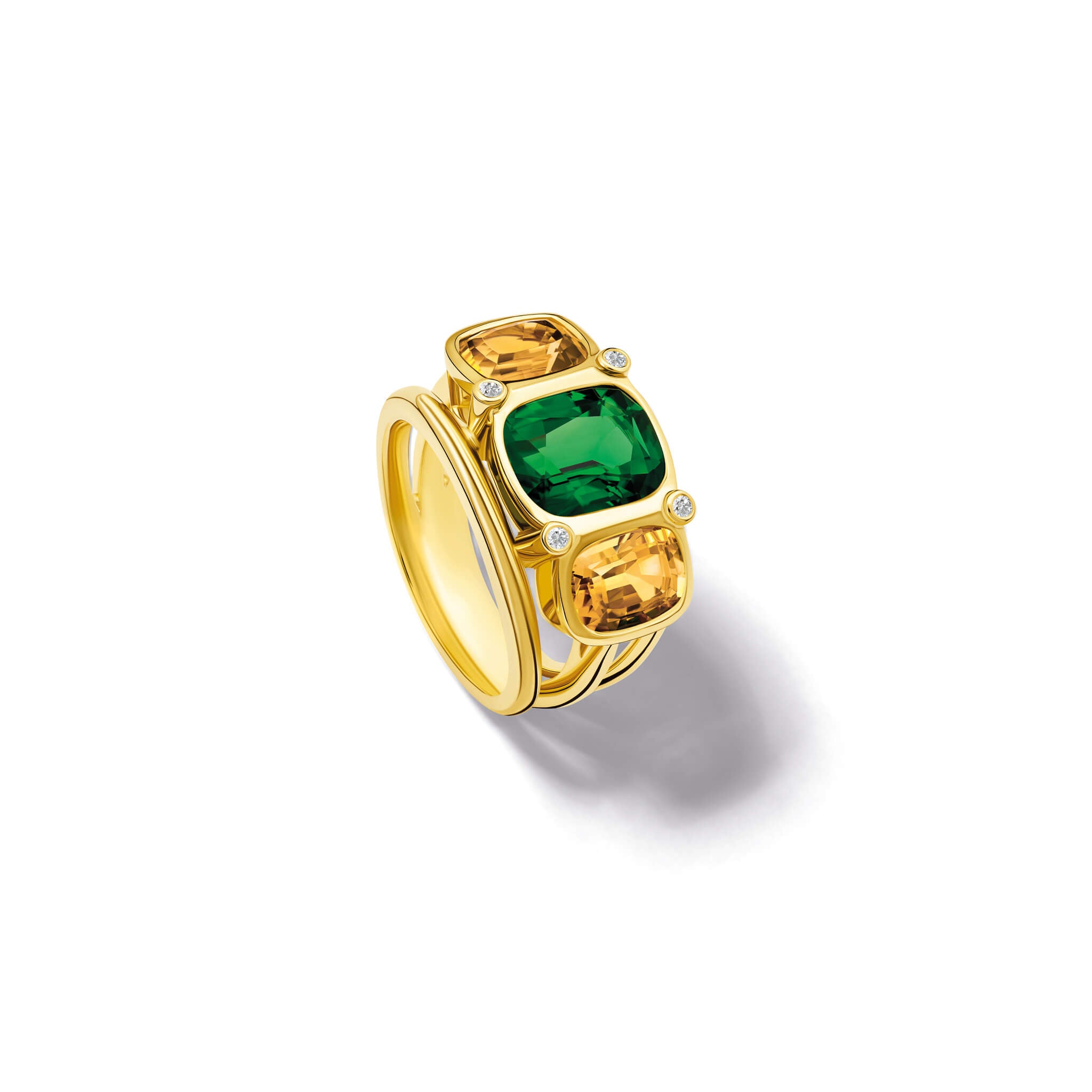 Handcrafted 18ct yellow gold ring featuring a central rectangular shaped green tourmaline, two citrines and diamonds.
