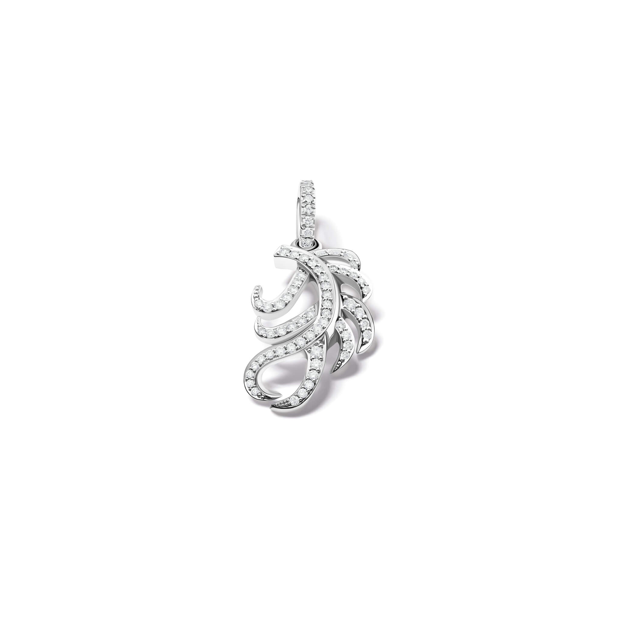 Handcrafted necklace pendant in the shape of a feather plume in 18ct white gold with diamond pavé.