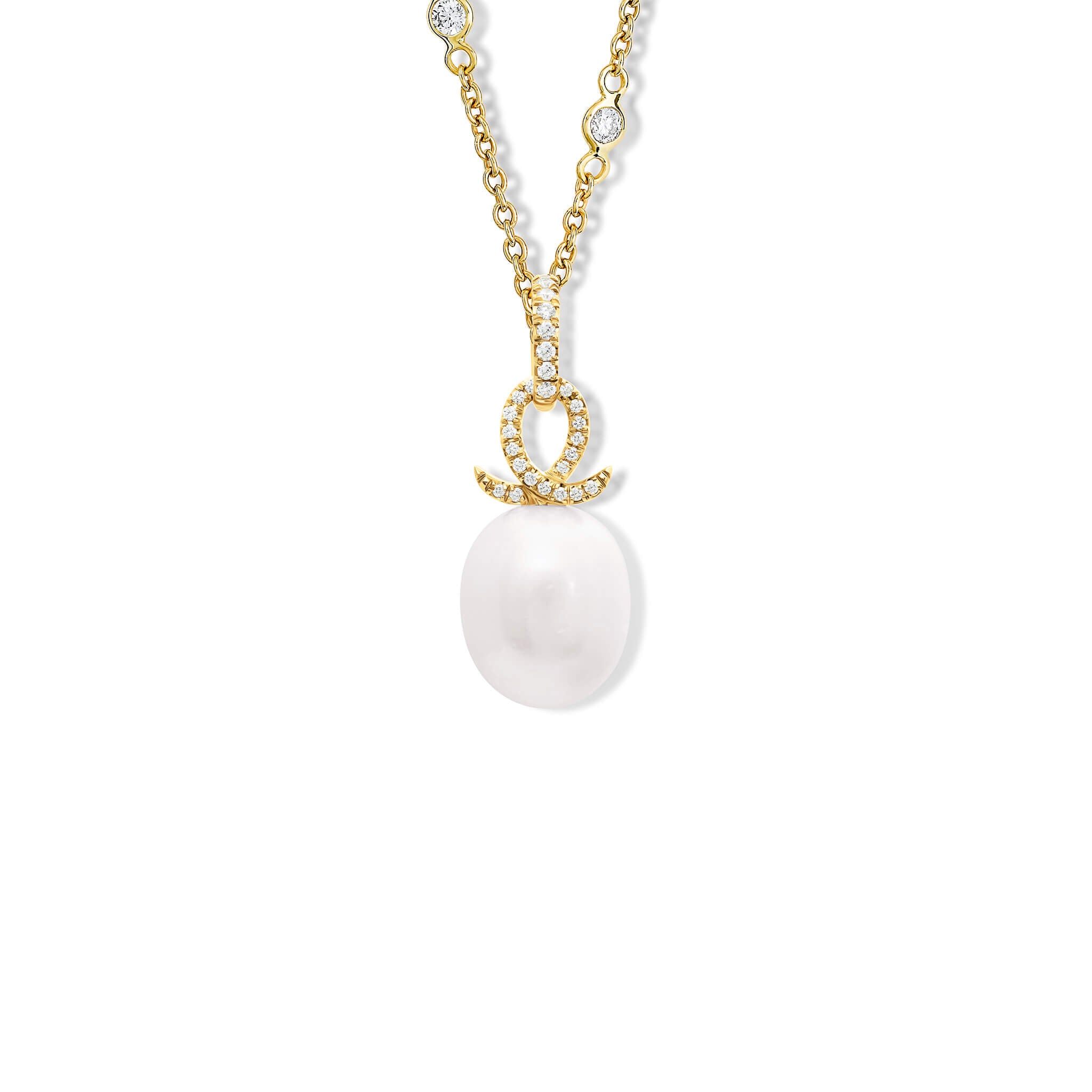 Handcrafted 18ct yellow gold necklace pendant with an oval pearl and a diamond oval loop shape crossing over.