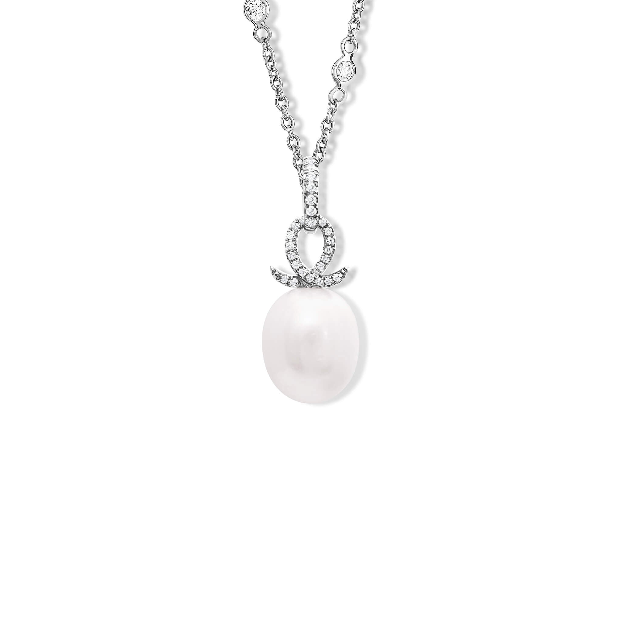 Handcrafted 18ct white gold necklace pendant with an oval pearl and a diamond oval loop shape crossing over.