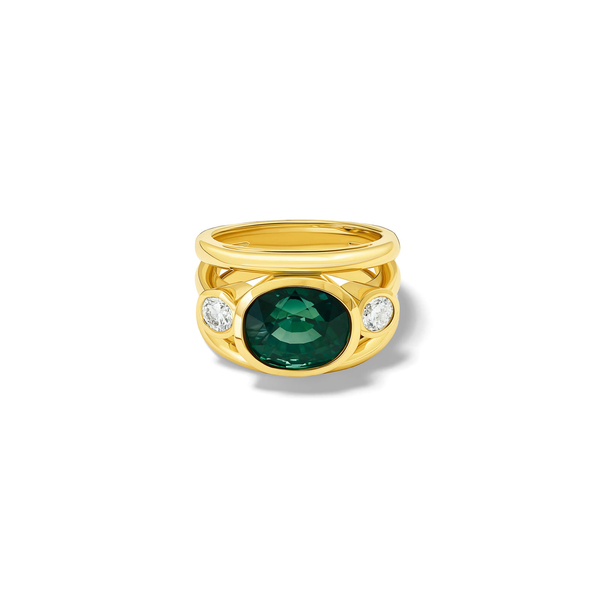Handcrafted 18ct yellow gold ring with a central green sapphire, the birthstone of September, flanked by two round diamonds.