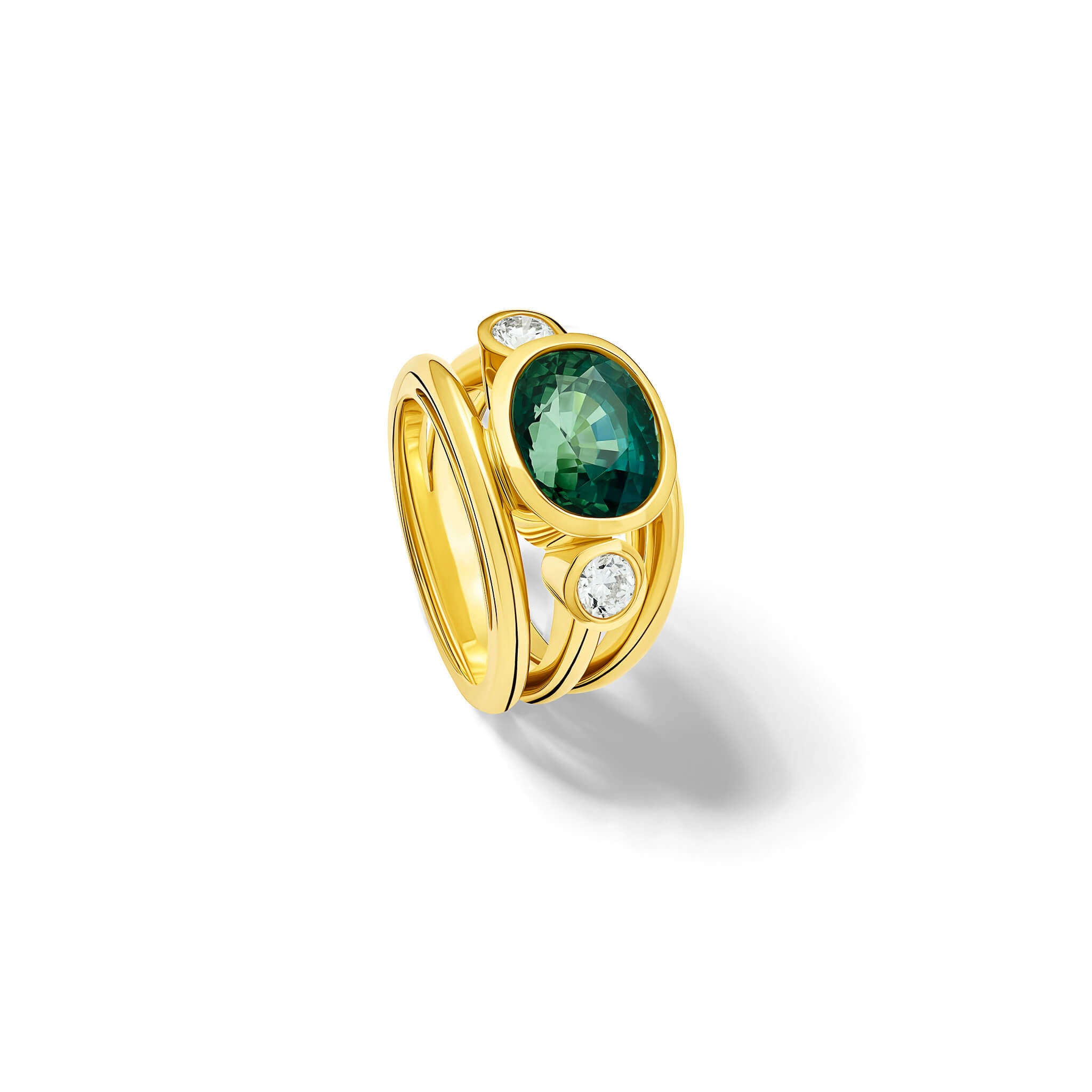 Handcrafted 18ct yellow gold ring with a central green sapphire, the birthstone of September, flanked by two round diamonds.