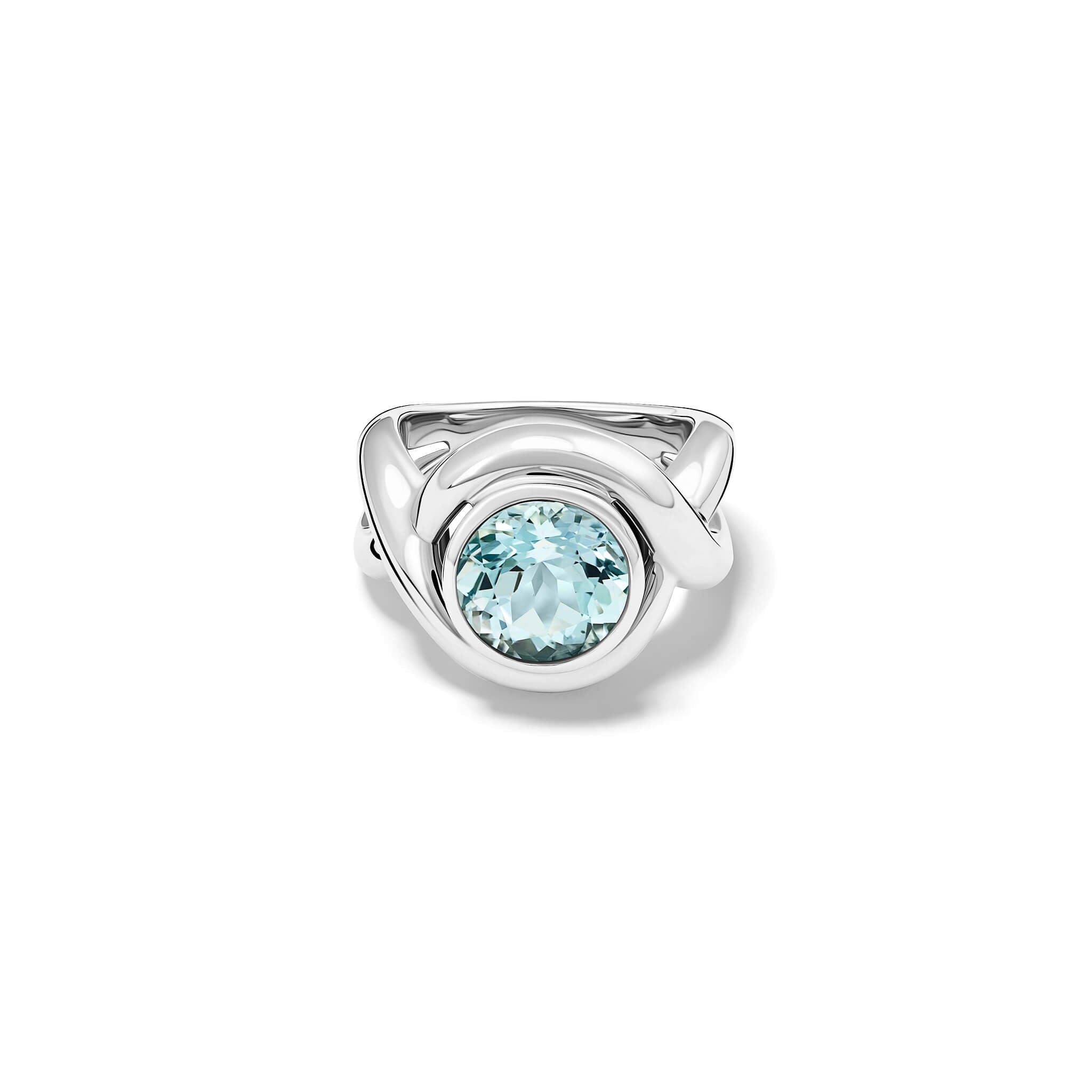 Handcrafted silver ring featuring curved shanks with a round blue topaz, birthstone of November.