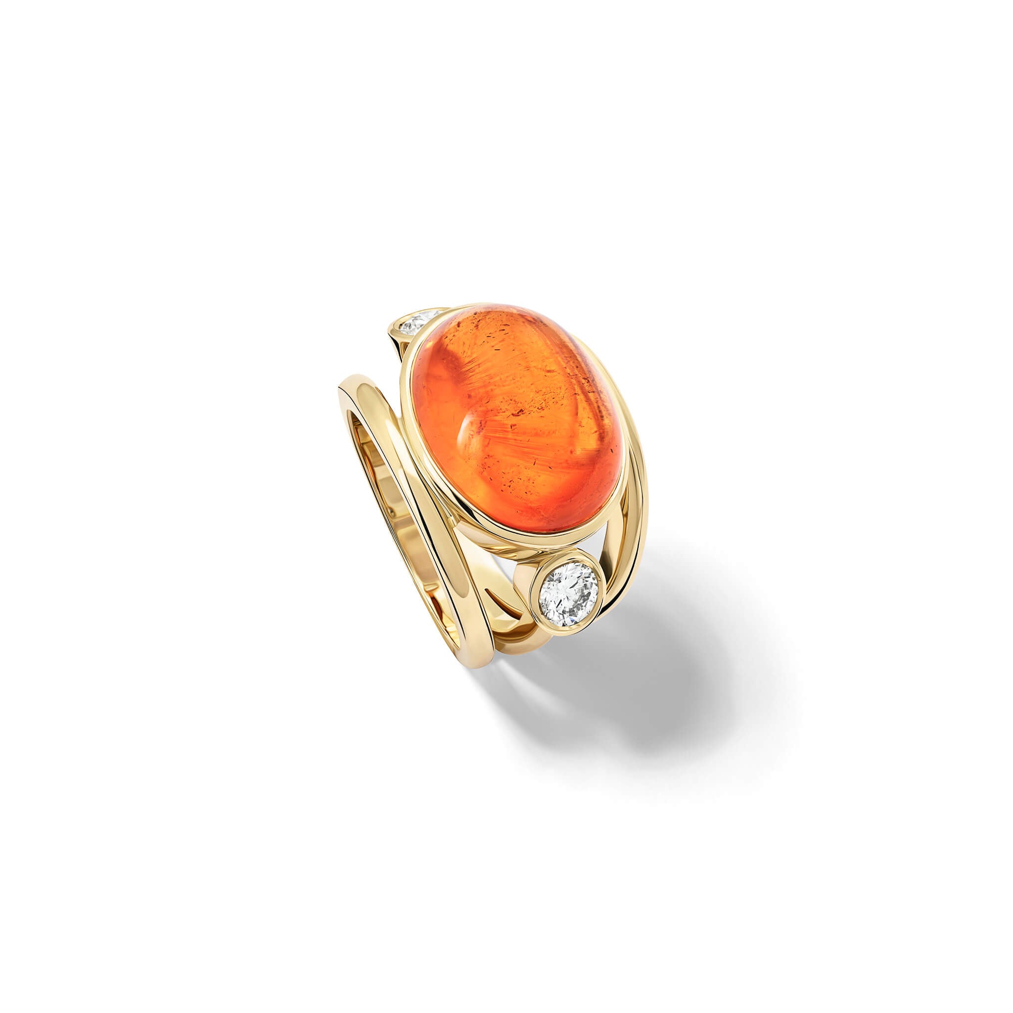 Handcrafted aeneus ring in 18ct yellow gold with oval cabochon cut mandarin garnet and diamond, inspired by Aeneas of Troy, January birthstone