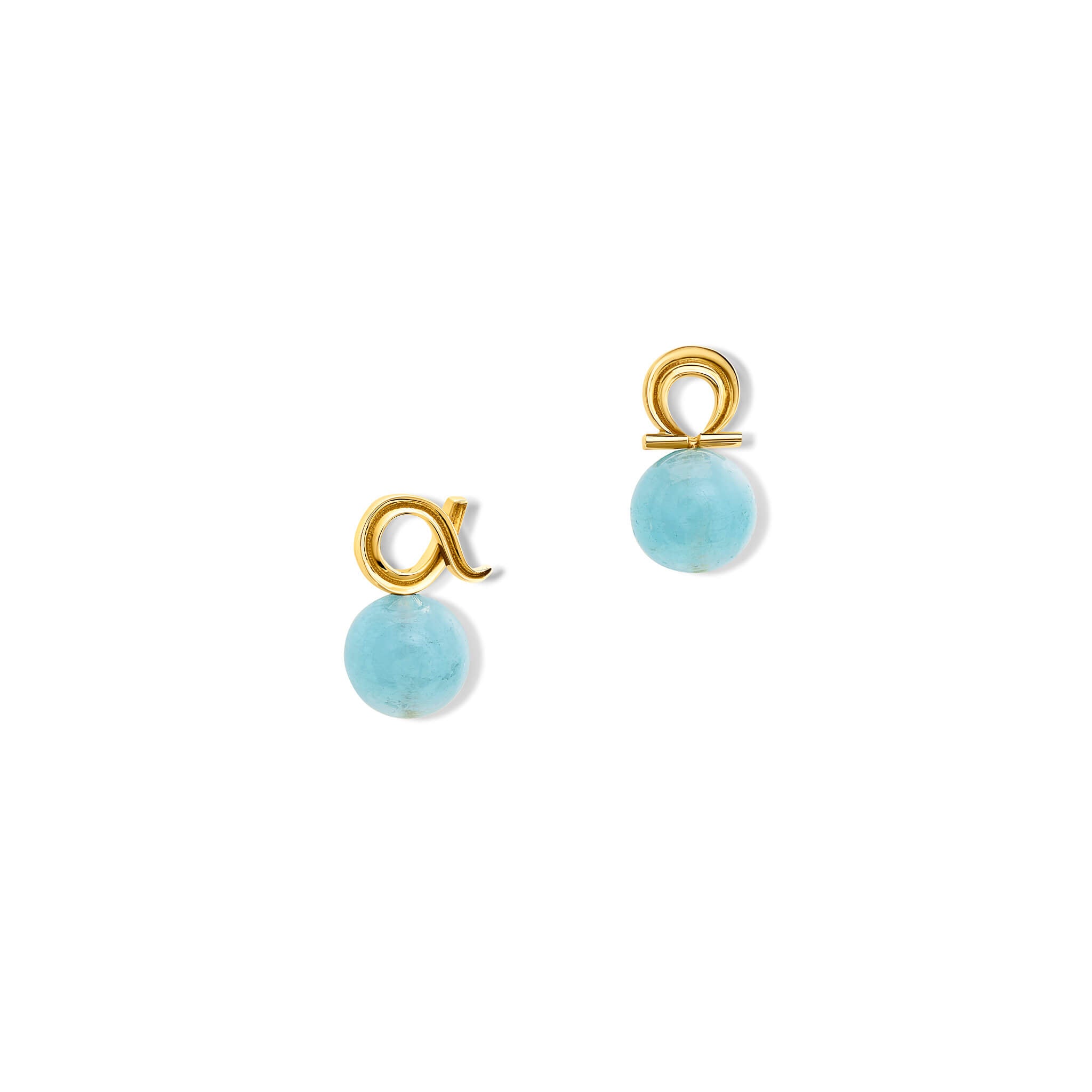 Handcrafted 9ct yellow gold pair of studs with aquamarine beads. One stud is the shaped of alpha Greek letter and the other omega letter.