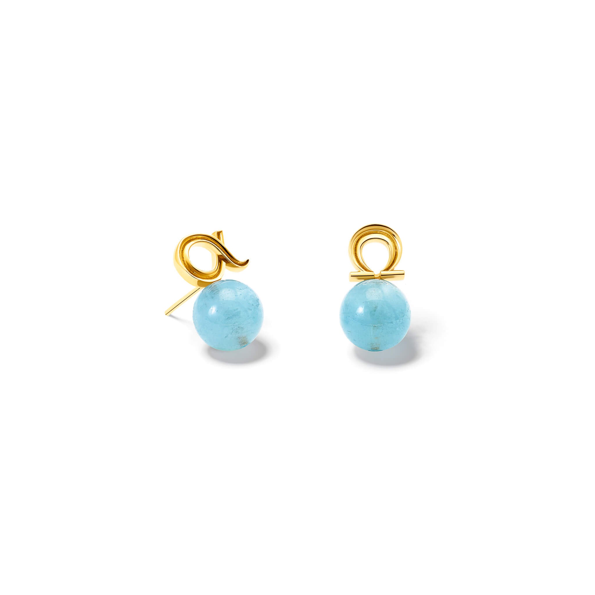 Handcrafted 9ct yellow gold pair of studs with aquamarine beads. One stud is the shaped of alpha Greek letter and the other omega letter.