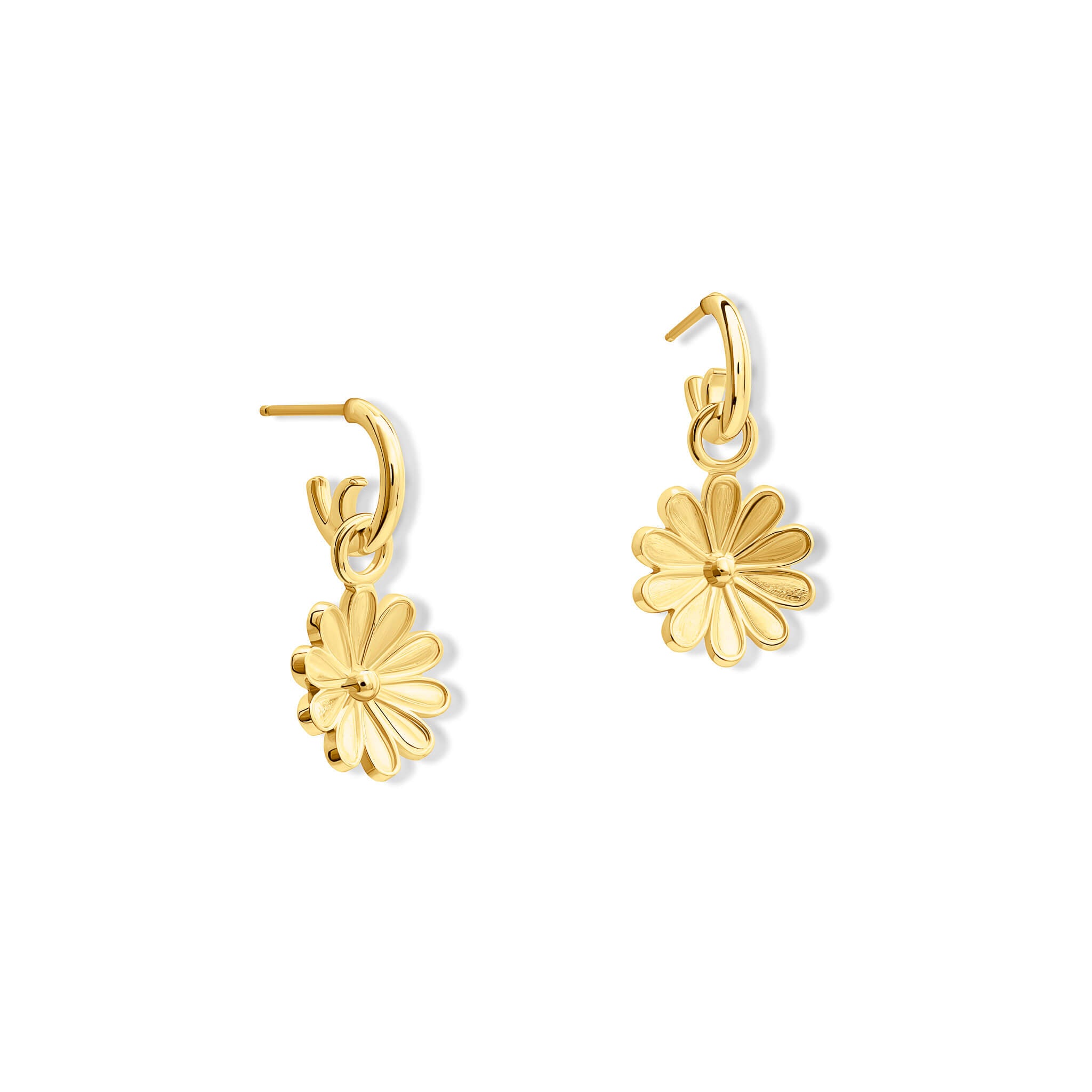 Handcrafted 9ct yellow gold earring drops in the shape of an anemone flower on yellow gold hoops.