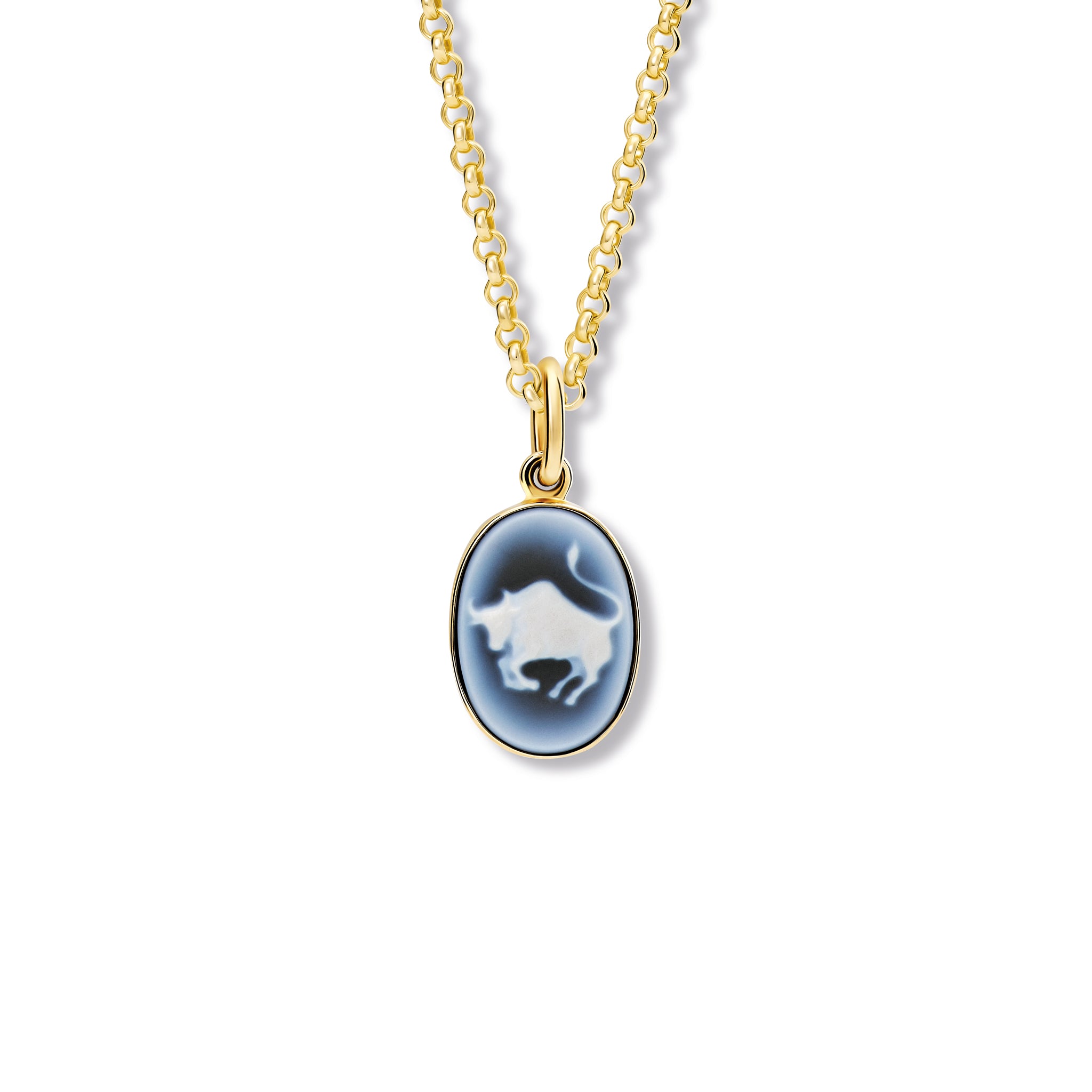 zodiac taurus cameo necklace pendant in yellow gold with blue and white agate, featuring detailed bull motif, inspired by traditional cameo jewellery and handcrafted artisan design, mexico inspired
