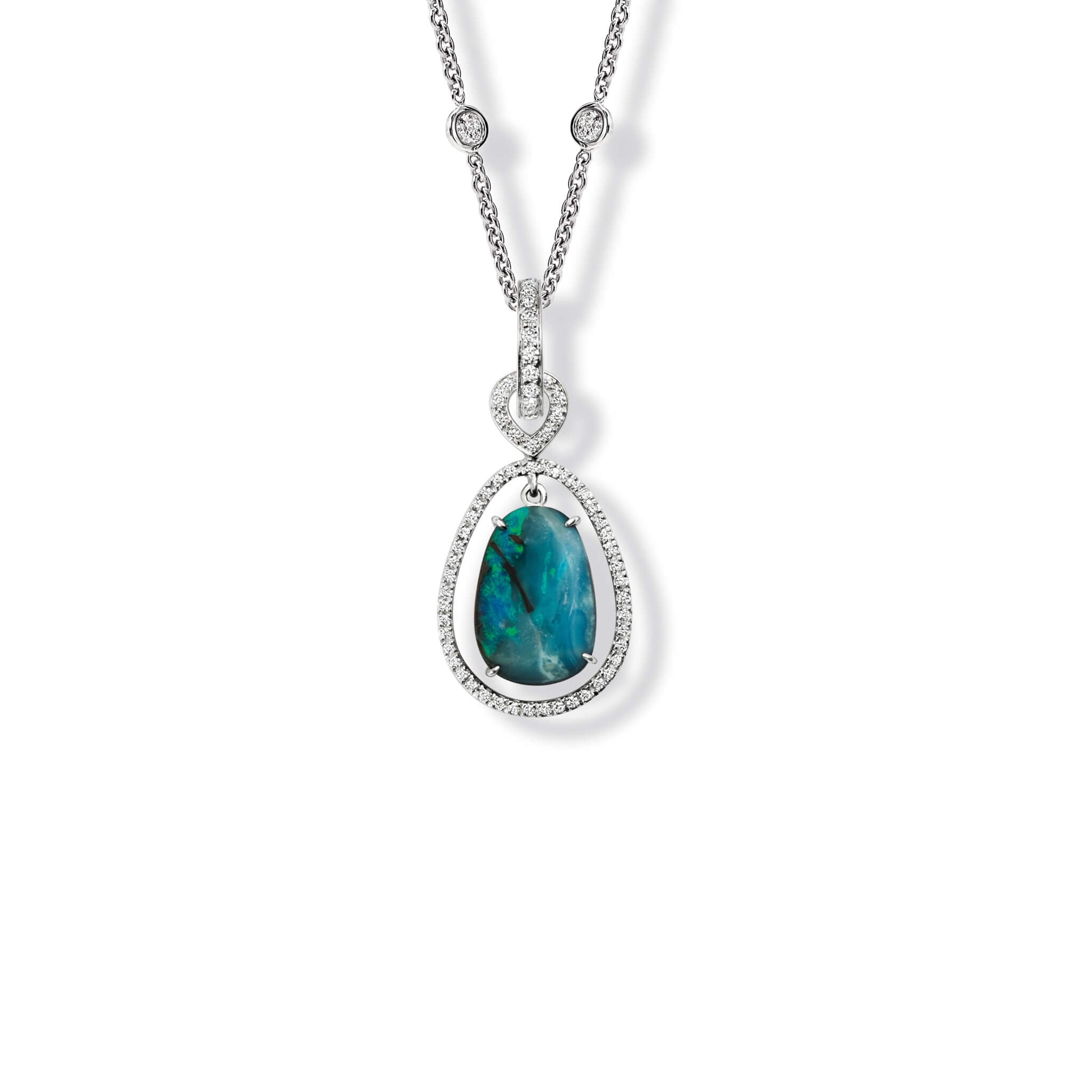 Handcrafted 18ct white gold necklace pendant featuring a teardrop-shaped opal gemstone with diamonds, birthstone of October.