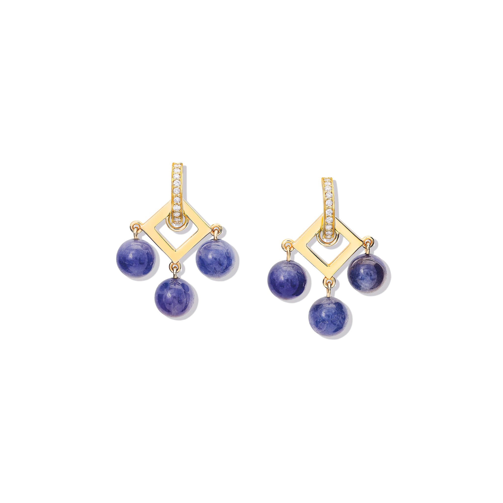 Handcrafted 9ct yellow gold earring drops with a central geometric shape and three blue tanzanite beads.