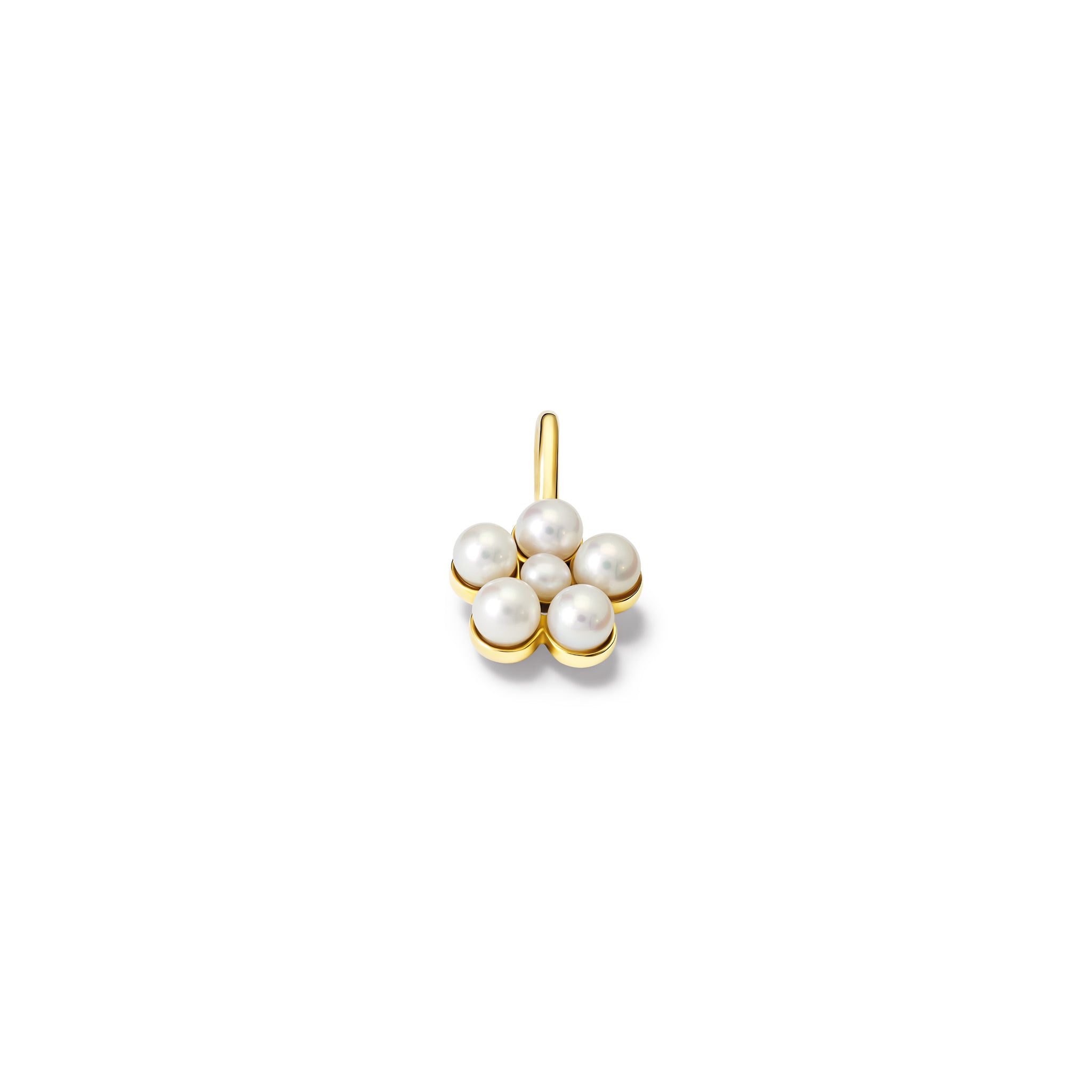 Handcrafted yellow gold flower shaped necklace pendant with pearls, birthstone of June.