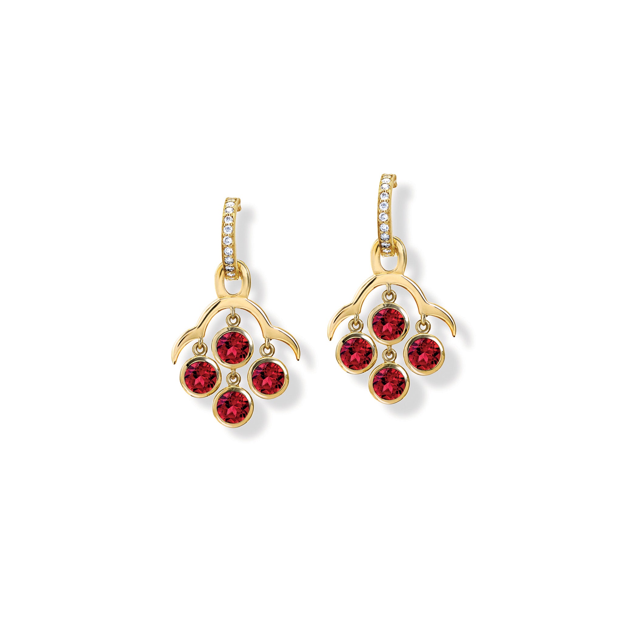 Handcrafted yellow gold earring drops inspired by acai berries featuring four garnet gemstones, on Astrea hoops.