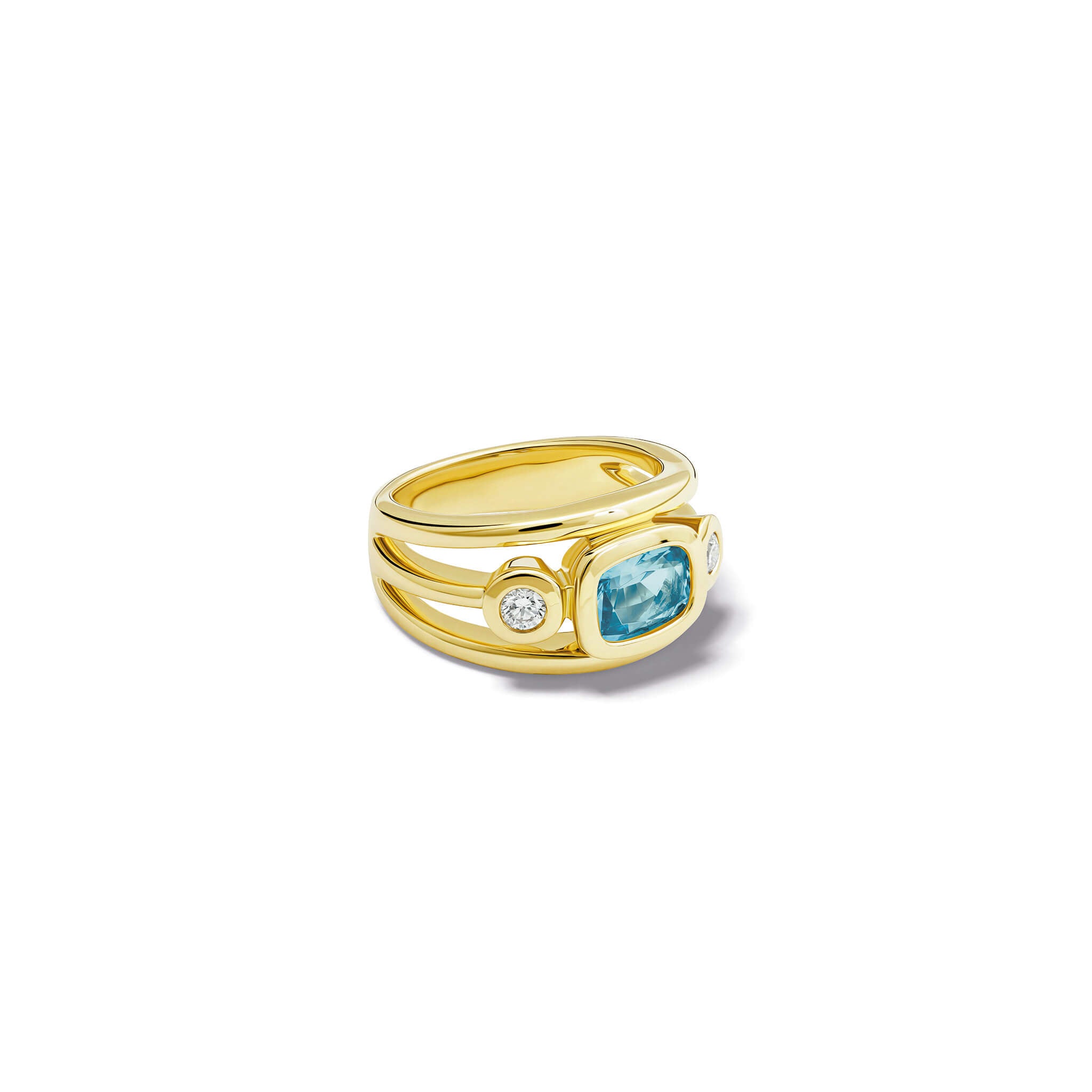 Handcrafted 18ct yellow gold ring with a central cushion cut aquamarine, the birthstone of March, flanked by two round diamonds.