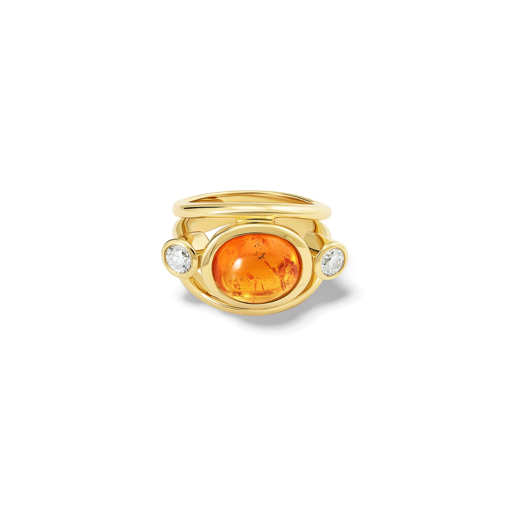Handcrafted aeneus ring in 18ct yellow gold with oval cabochon cut mandarin garnet and diamond, inspired by Aeneas of Troy, January birthstone