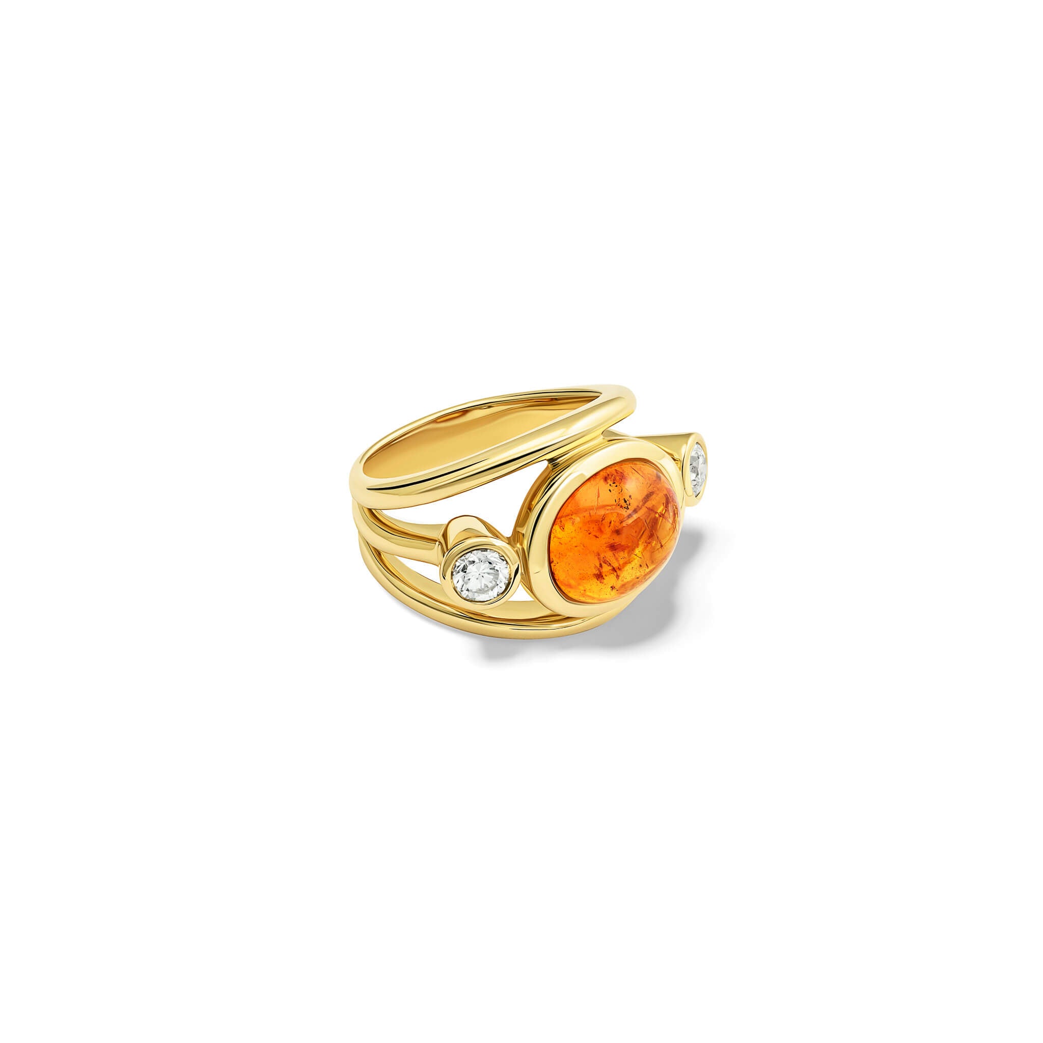 Handcrafted aeneus ring in 18ct yellow gold with oval cabochon cut mandarin garnet and diamond, inspired by Aeneas of Troy, January birthstone