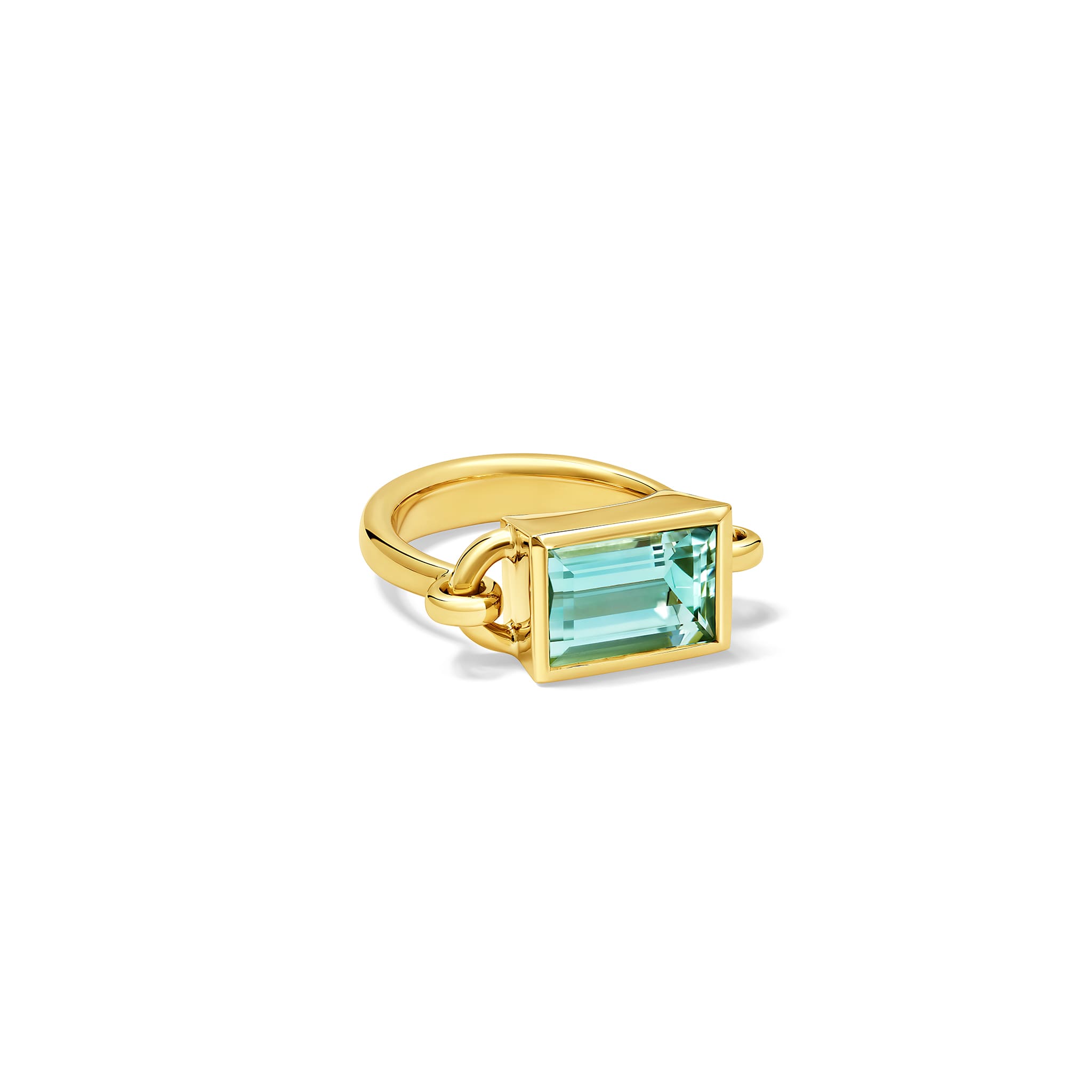 Handcrafted 18ct yellow gold baguette ring with mint tourmaline, october birthstone 