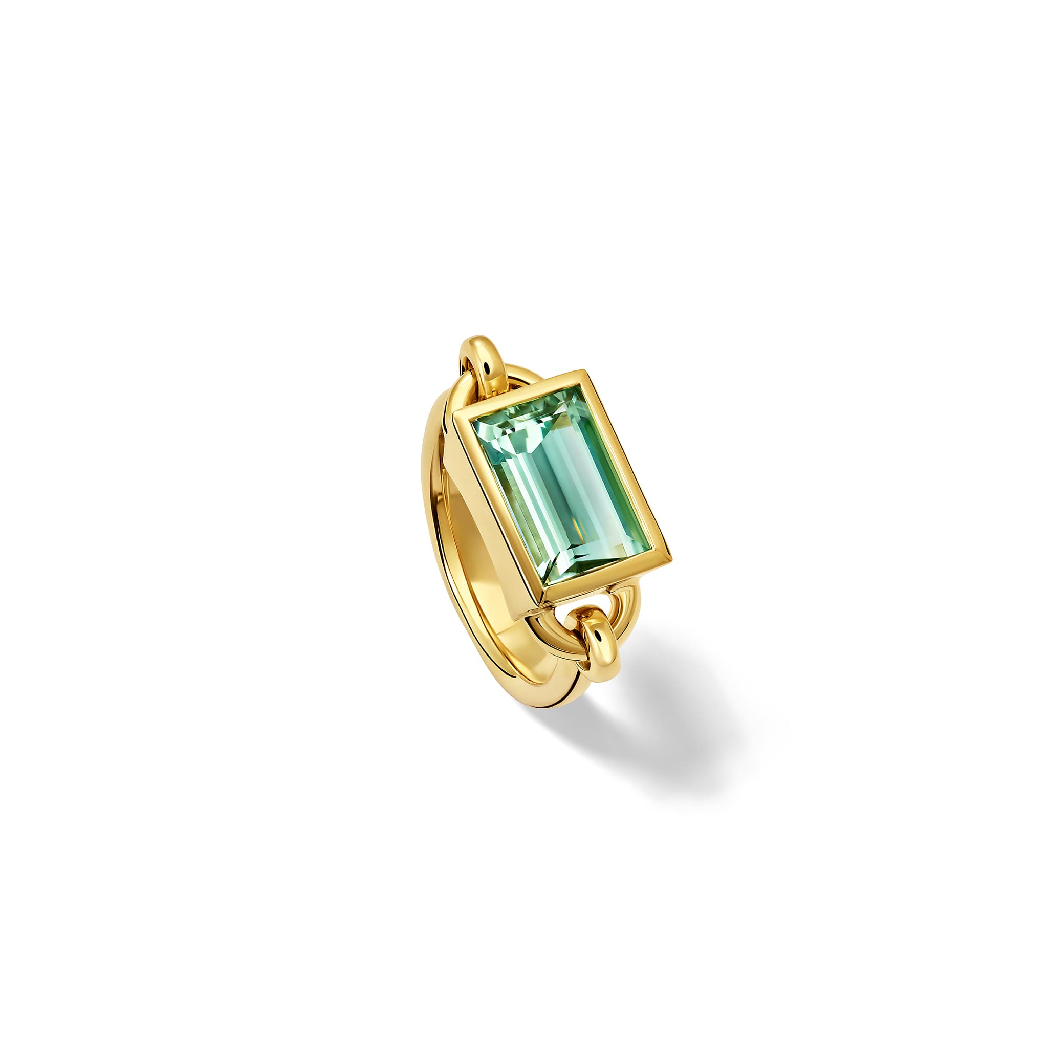Handcrafted 18ct yellow gold baguette ring with mint tourmaline, october birthstone 