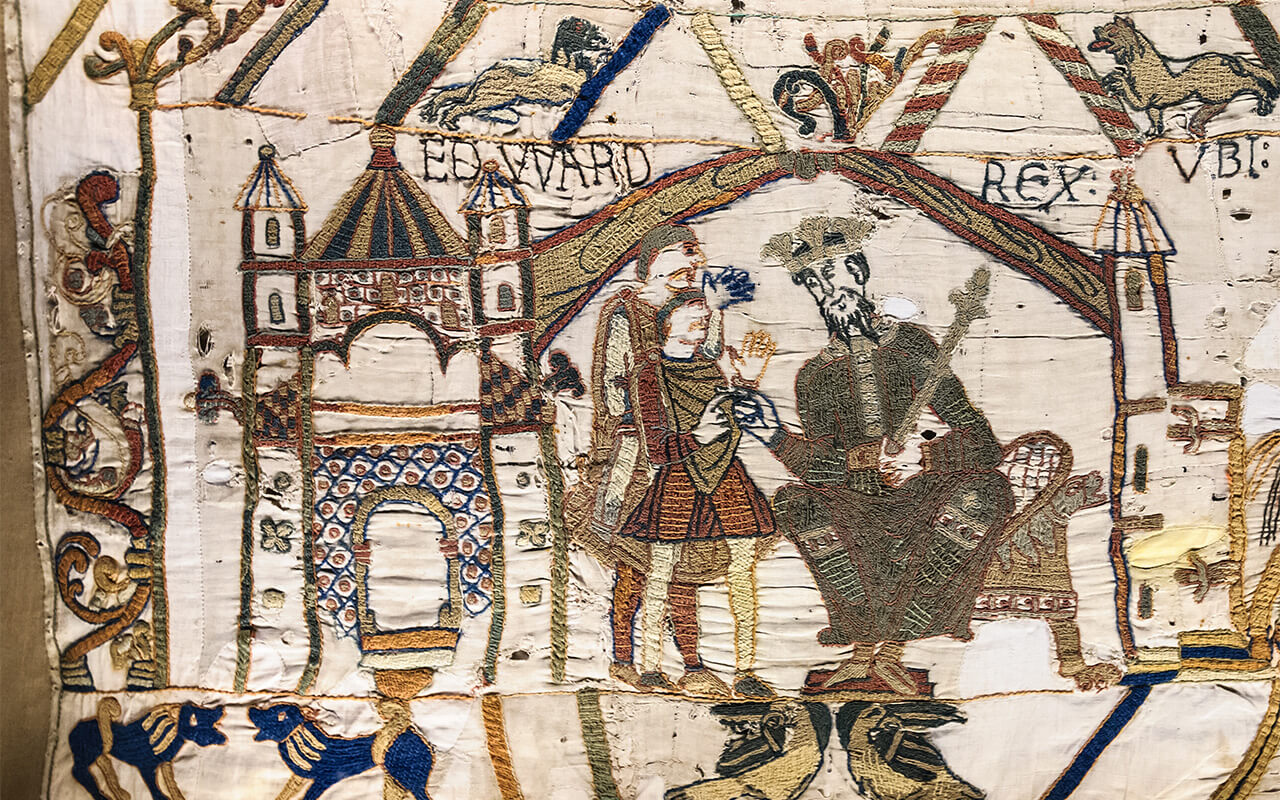 Embroidered scene from the Bayeux Tapestry with King Edward