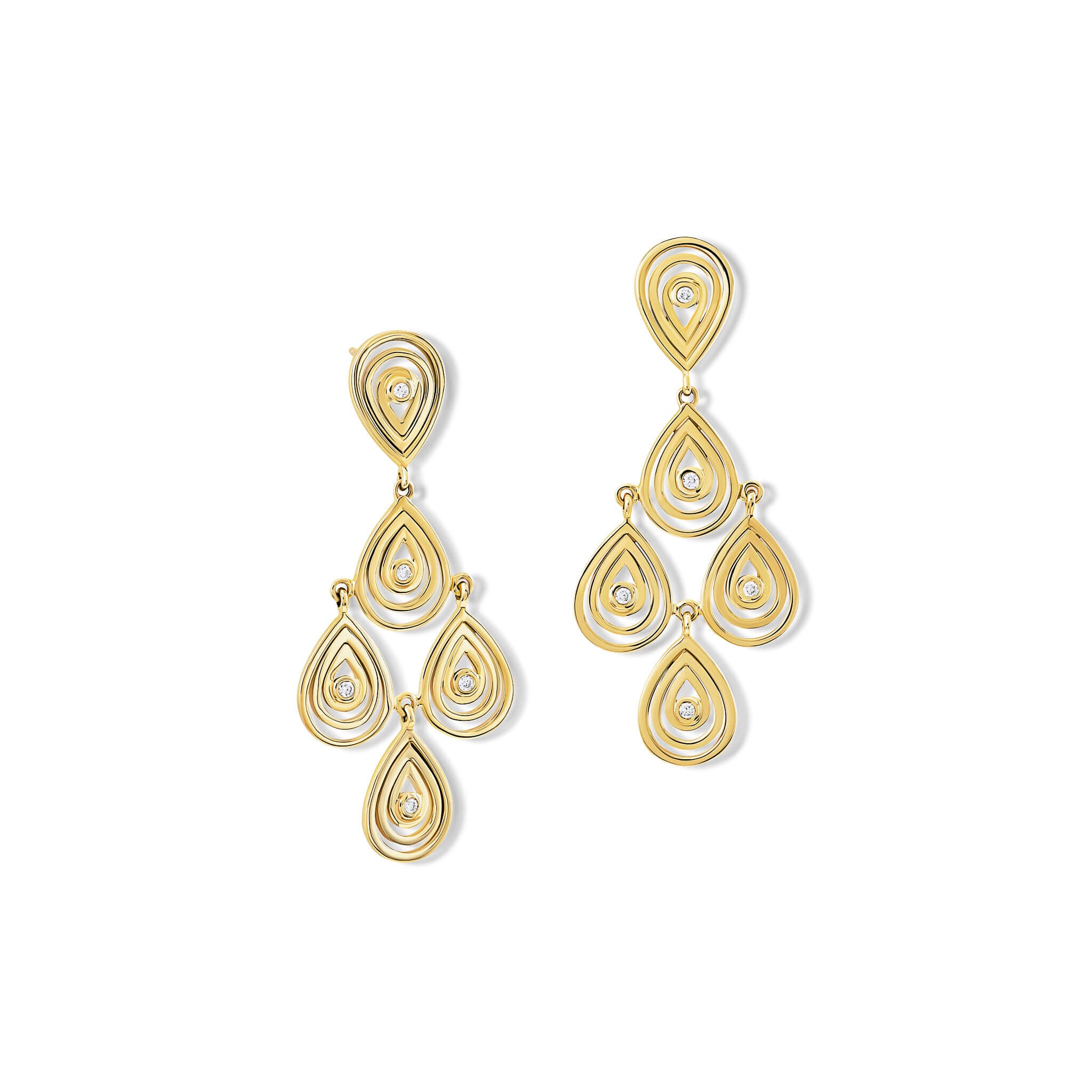 Handcrafted 9ct yellow gold earrings with 5 diamonds in a cascading teardrop outline.