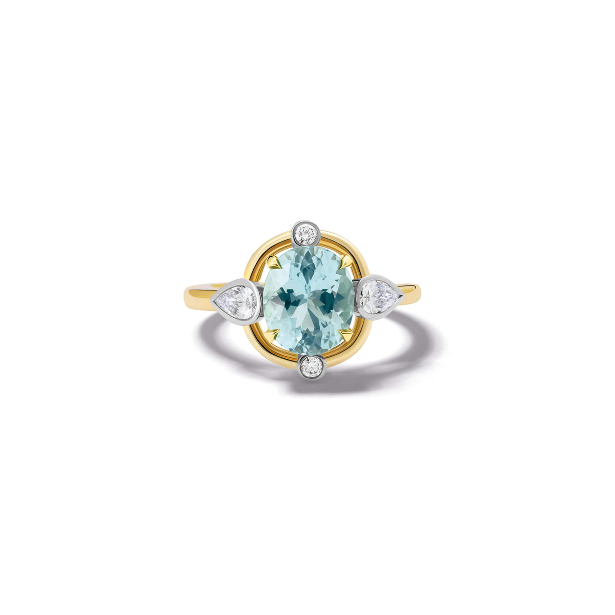 Handcrafted 18ct yellow gold engagement ring featuring a soft blue aquamarine at its centre, surrounded by four smaller diamonds, two teardrop-shaped, march birthstone.