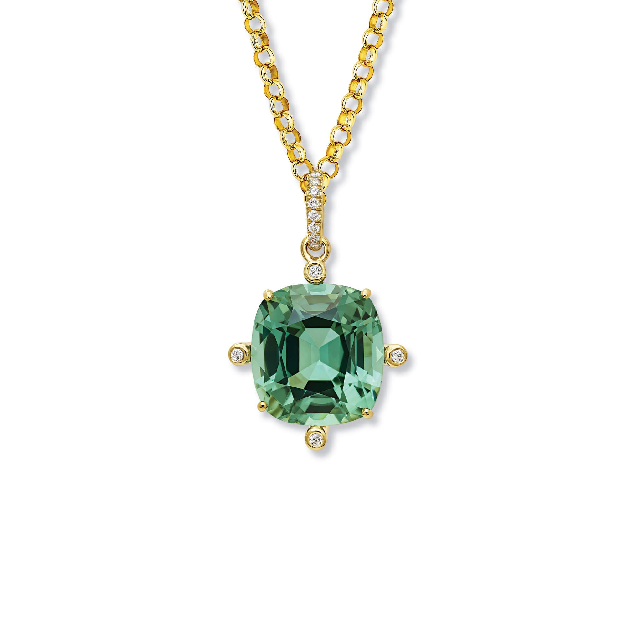 Model wearing handcrafted Compass extra large pendant with mint tourmaline set with four diamonds on yellow gold zola necklace, october birthstone