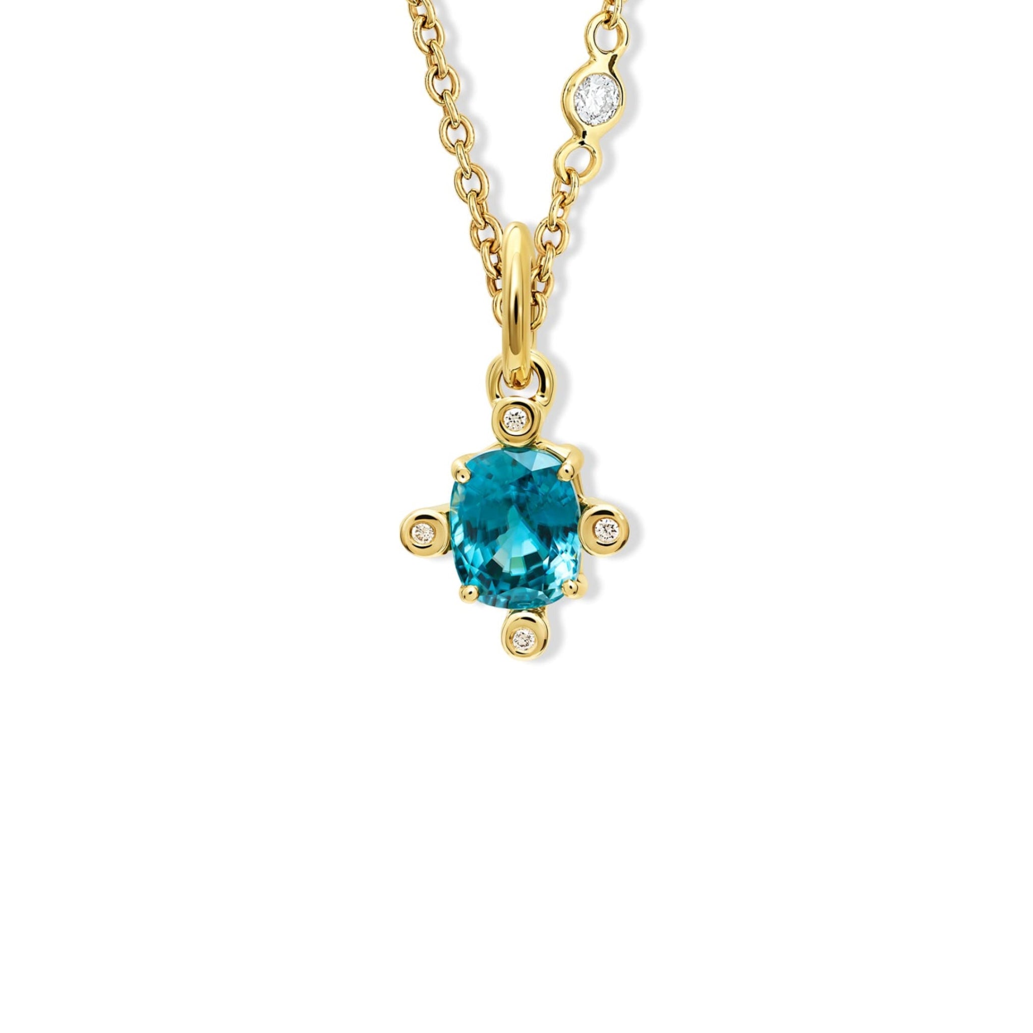 Handcrafted Compass medium necklace pendant in yellow gold with blue zircon set with four diamonds, December birthstone
