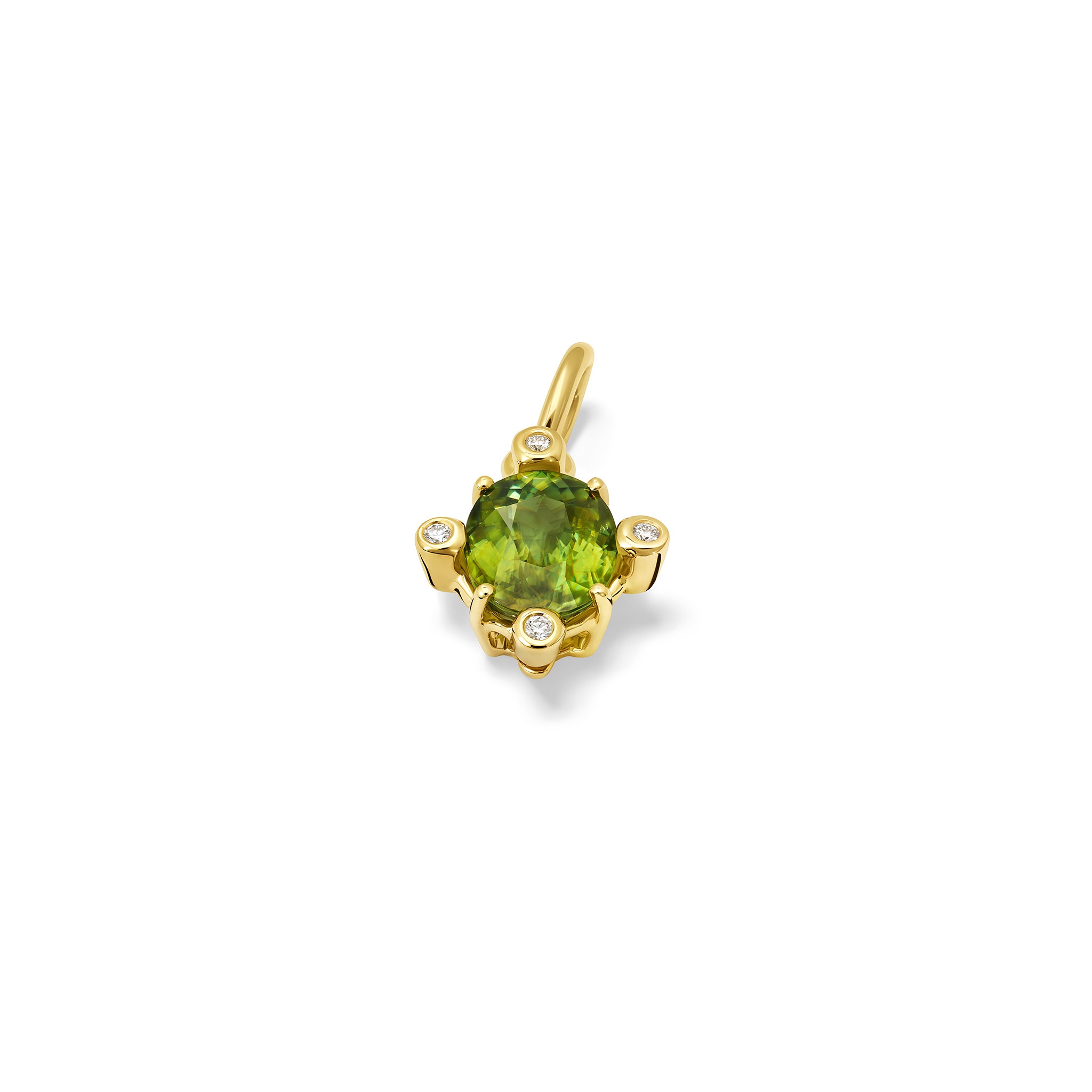 Handcrafted Compass medium necklace pendant in yellow gold with green sphene set with four diamonds.