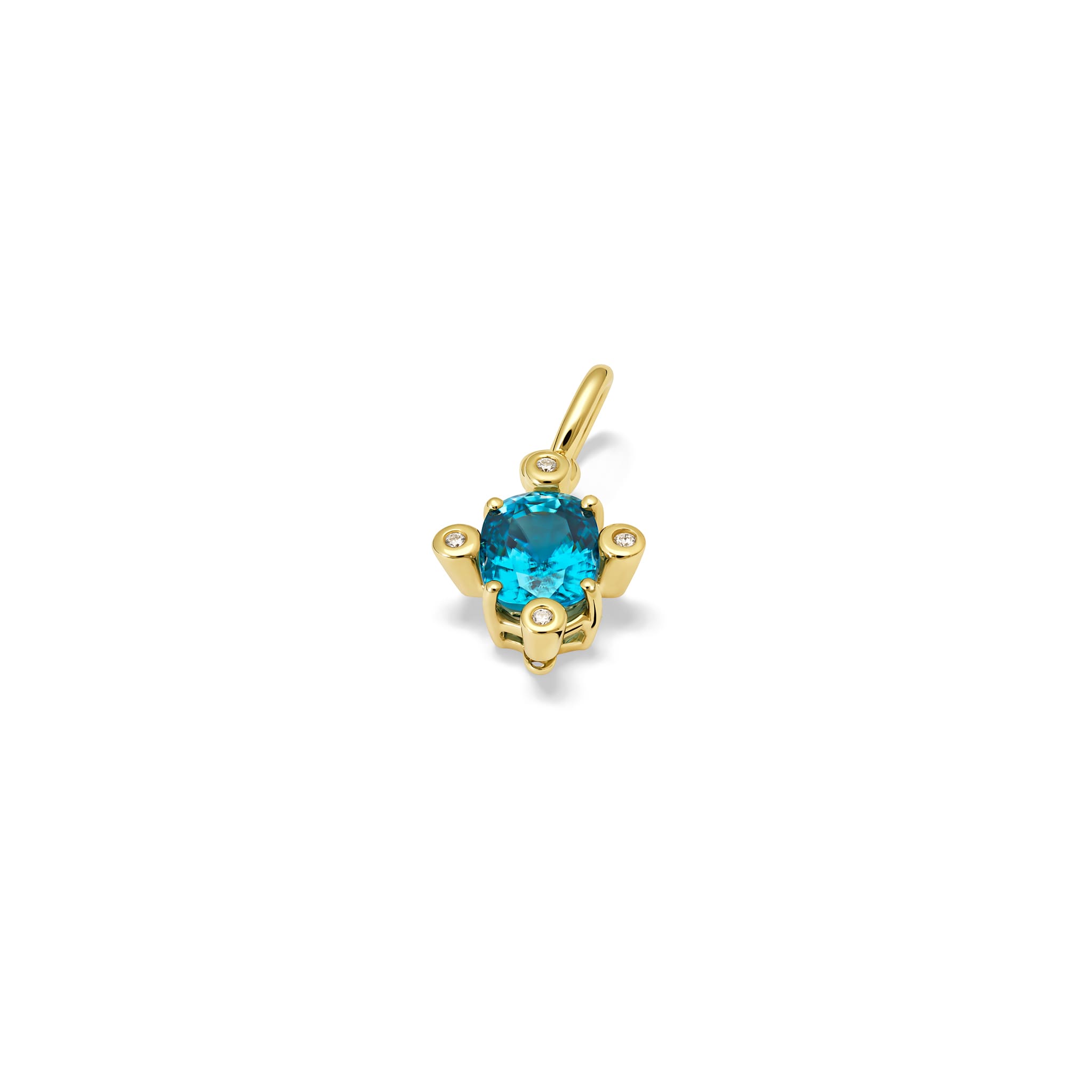 Handcrafted Compass medium necklace pendant in yellow gold with blue zircon set with four diamonds, December birthstone