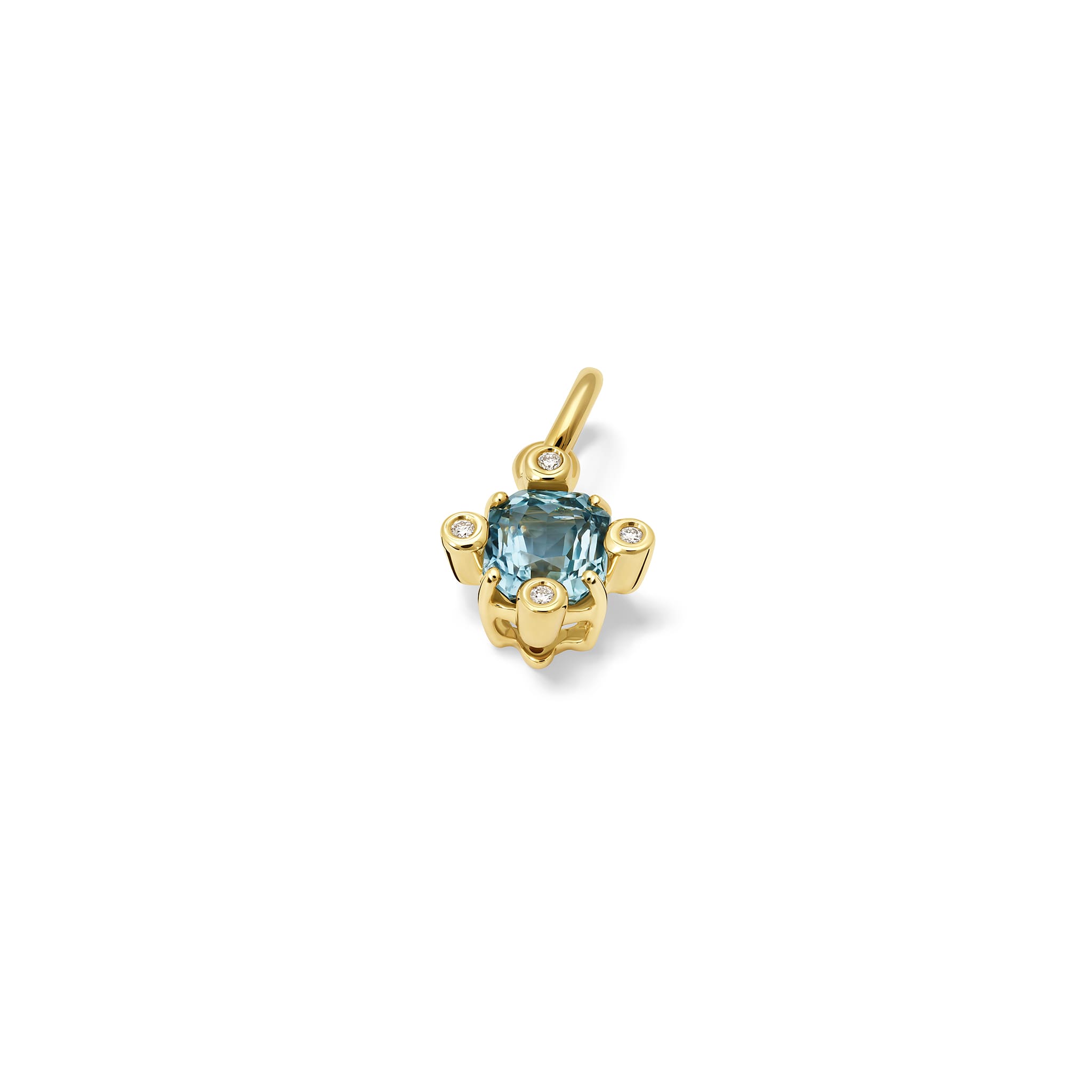 Handcrafted 18ct yellow gold Compass pendant with emerald-cut blue sapphire set with four diamonds, september birthstone