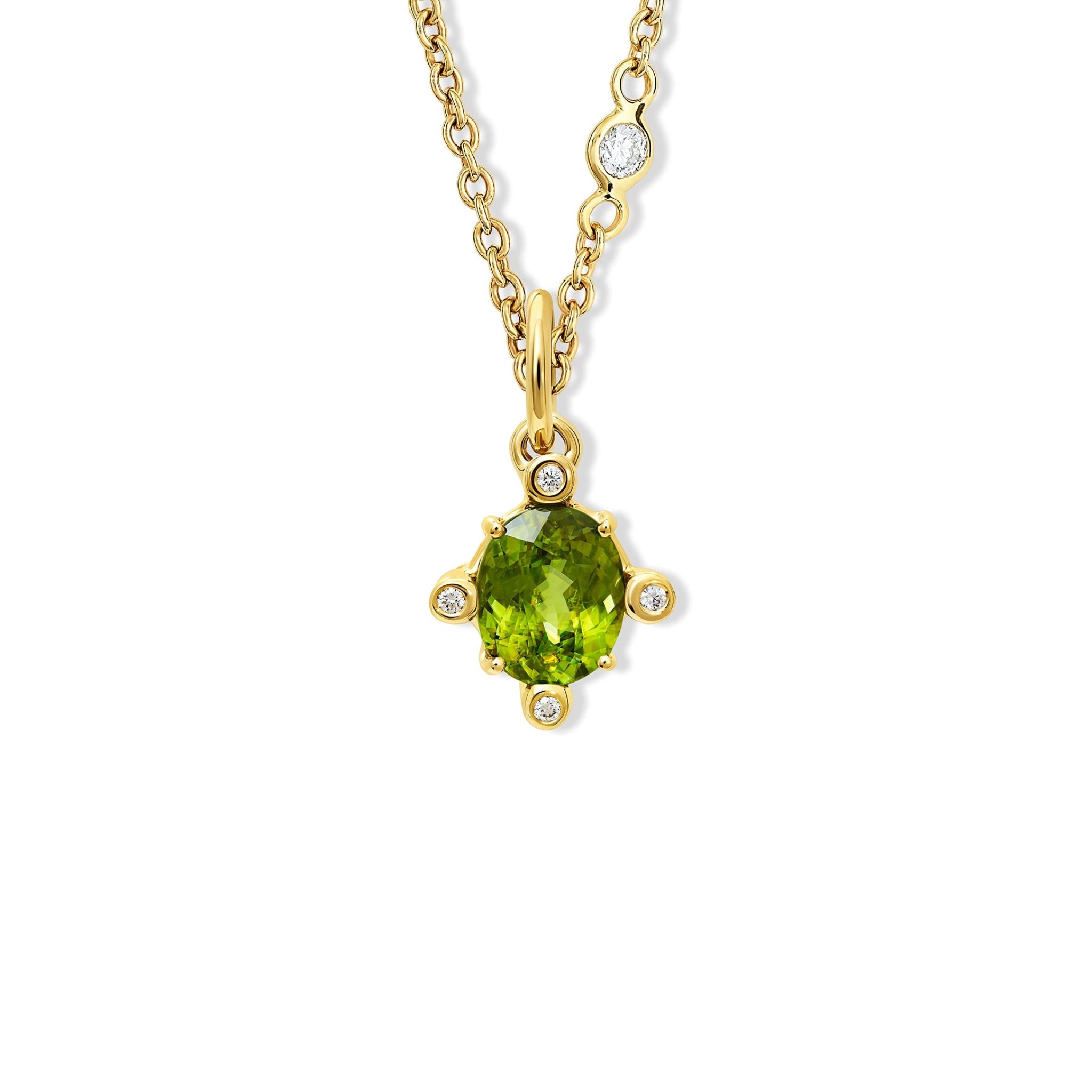 Handcrafted Compass medium necklace pendant in yellow gold with green sphene set with four diamonds.