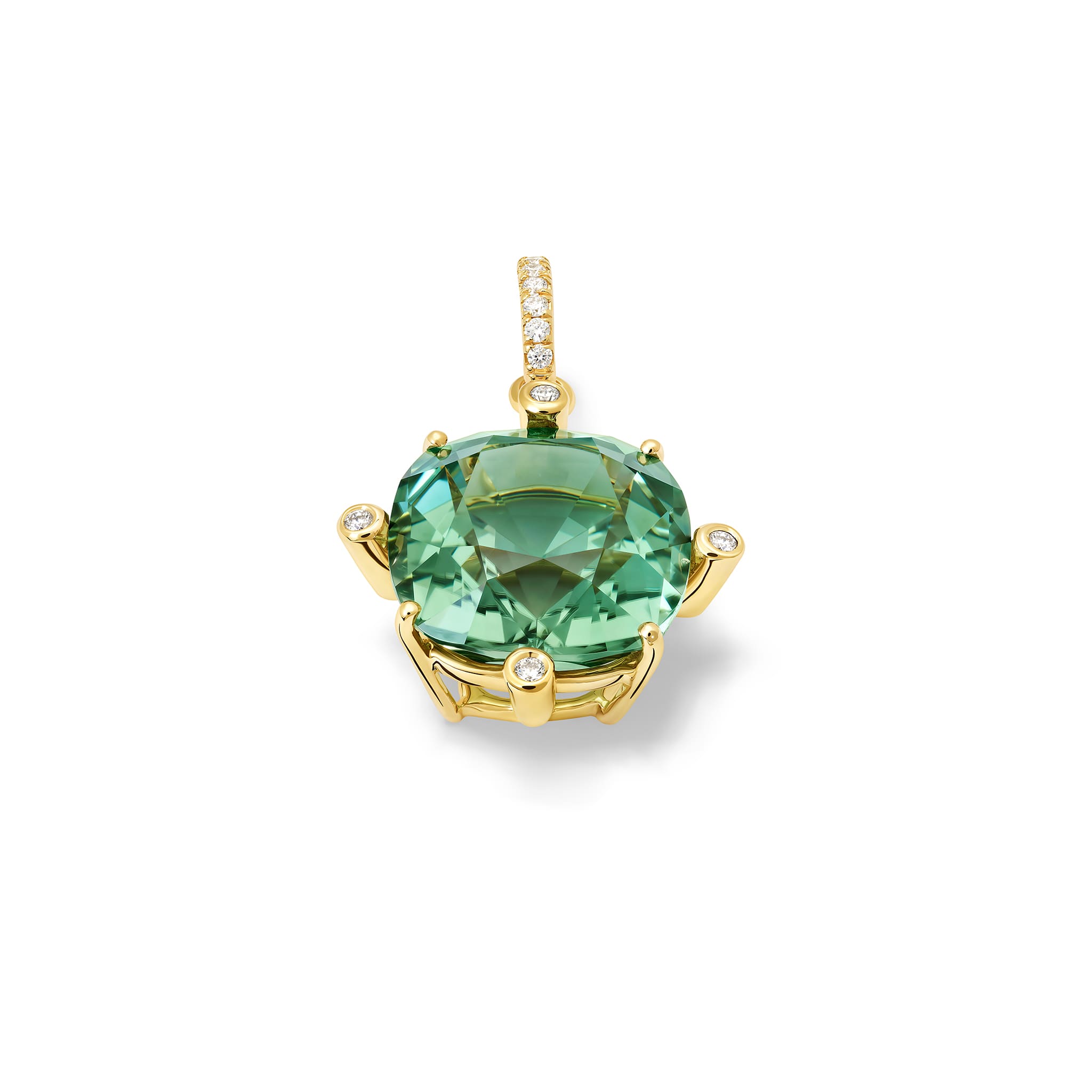 Handcrafted Compass extra large pendant with mint tourmaline set with four diamonds. On yellow gold calypso torque necklace, october birthstone