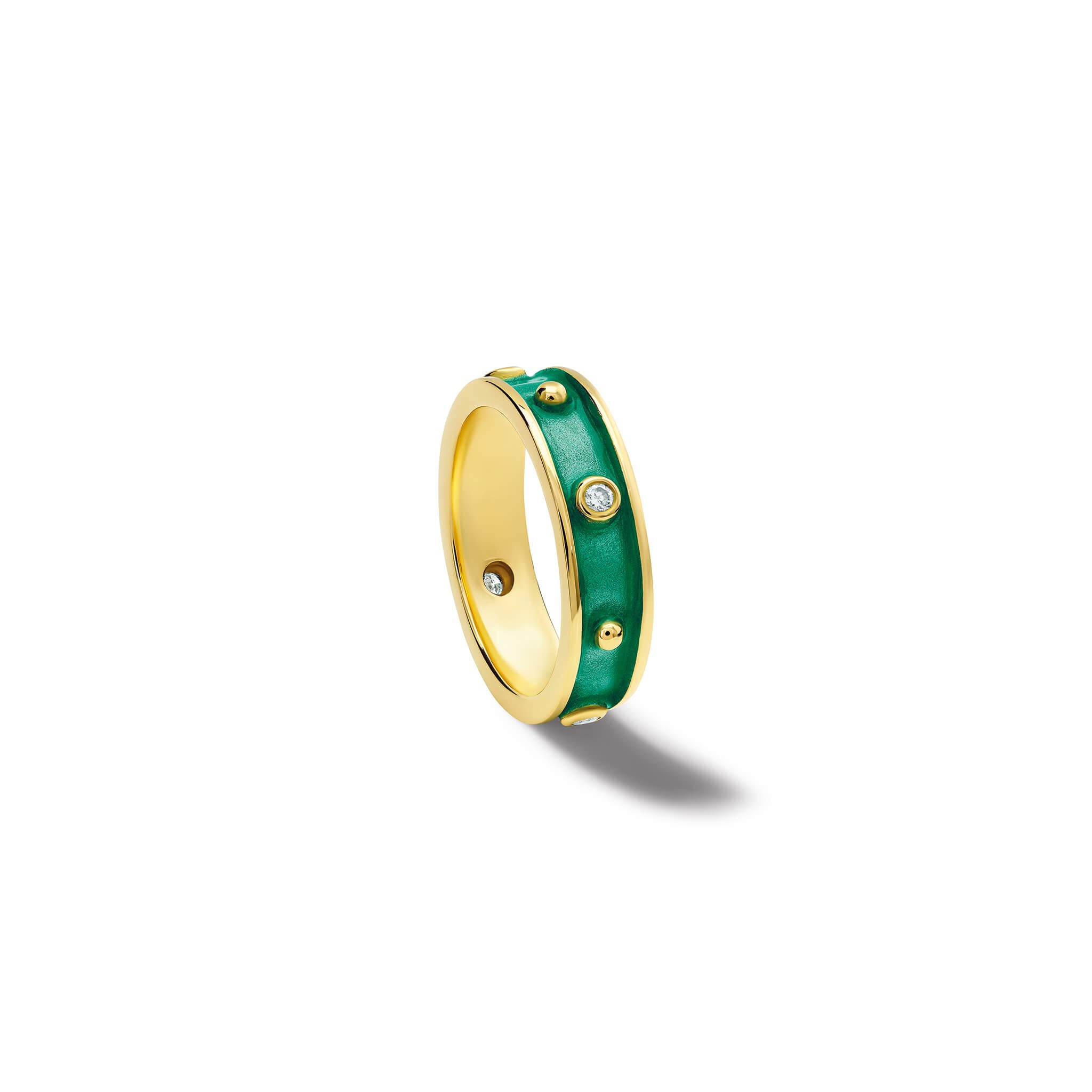 Handcrafted yellow gold ring with evenly spaced, protruding round dots with turquoise enamel and diamond
