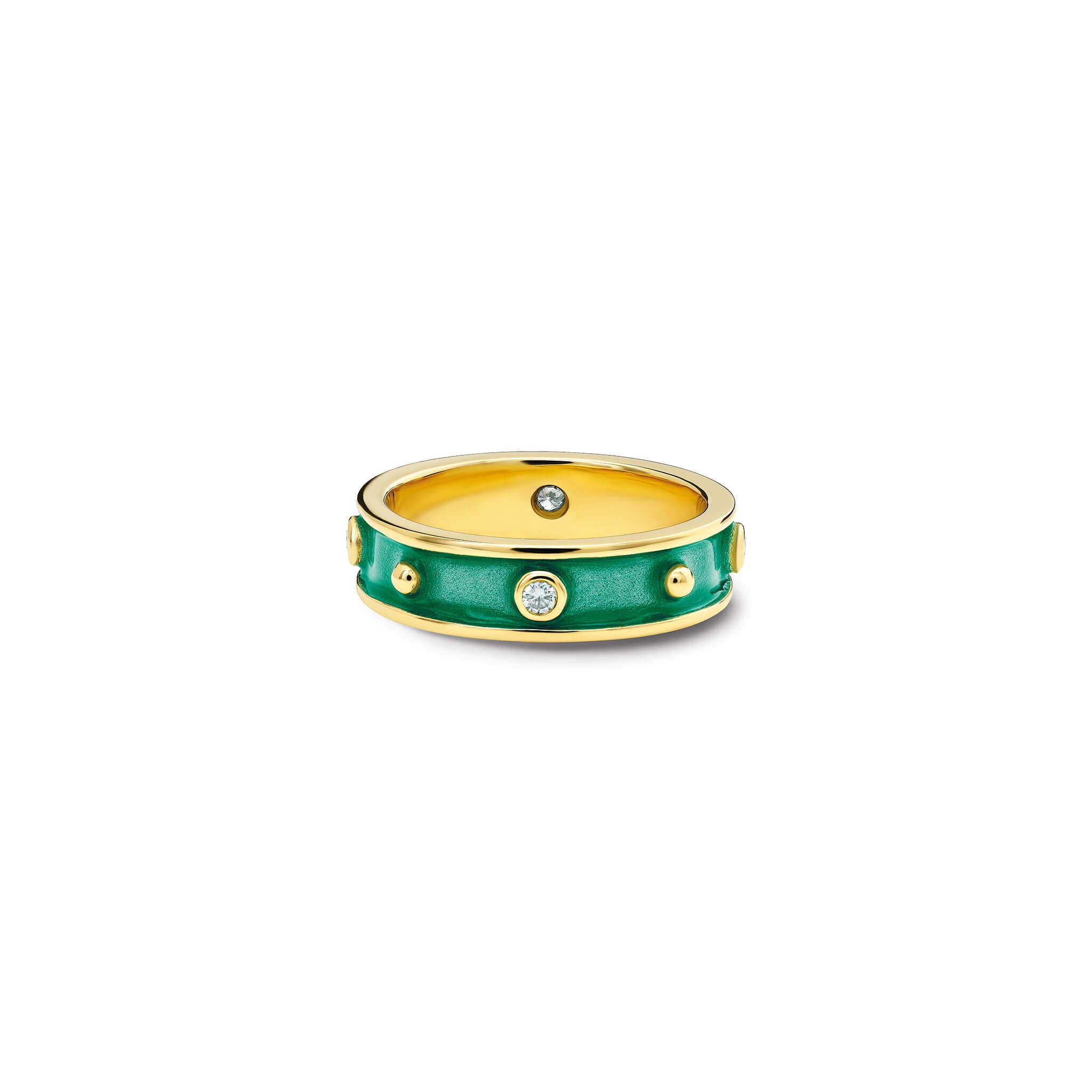 Handcrafted yellow gold ring with evenly spaced, protruding round dots with turquoise enamel and diamond