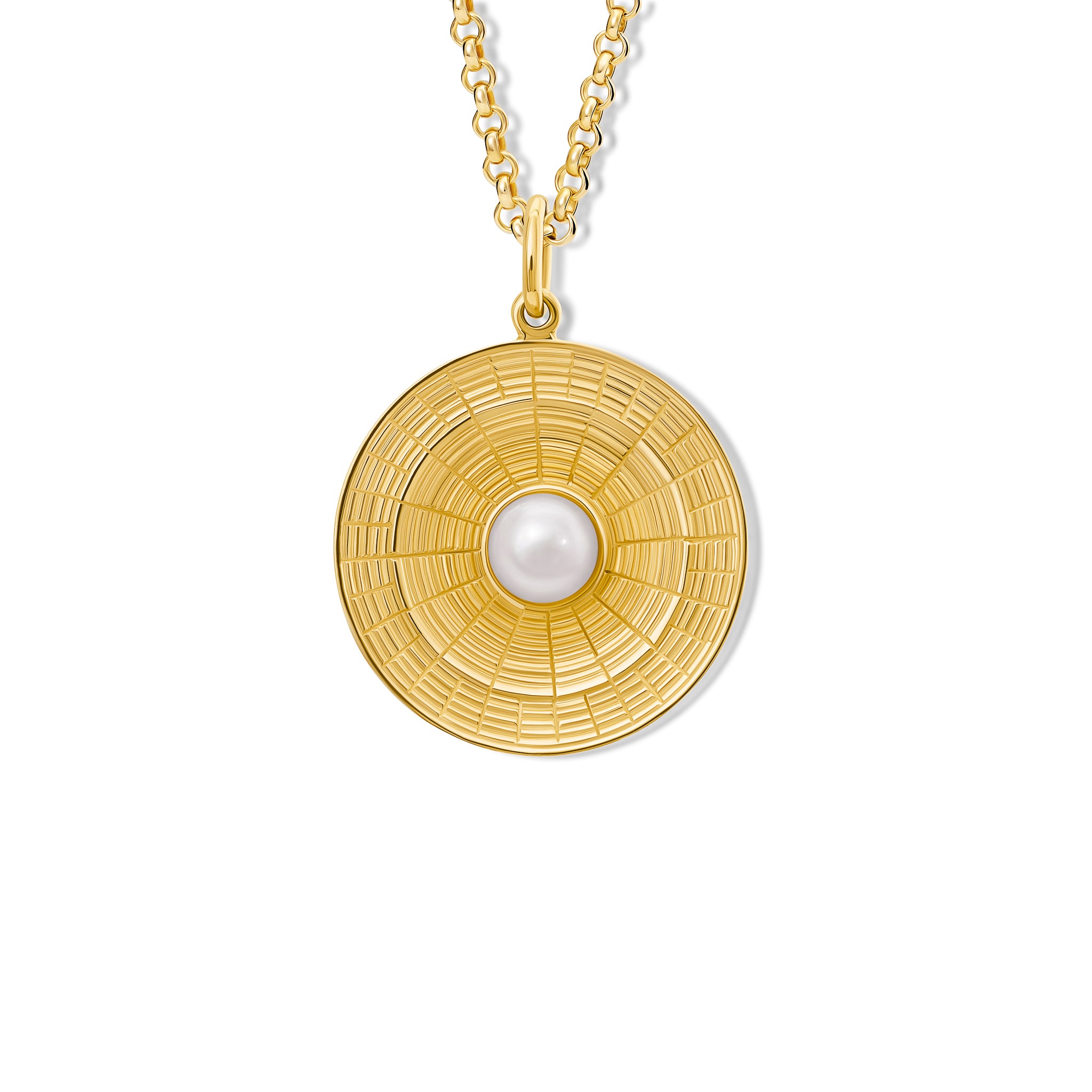 The handcrafted Epidavros necklace pendant in 9ct yellow gold with pearl. Inspired by the ancient Greek amphitheatre of Epidaurus.