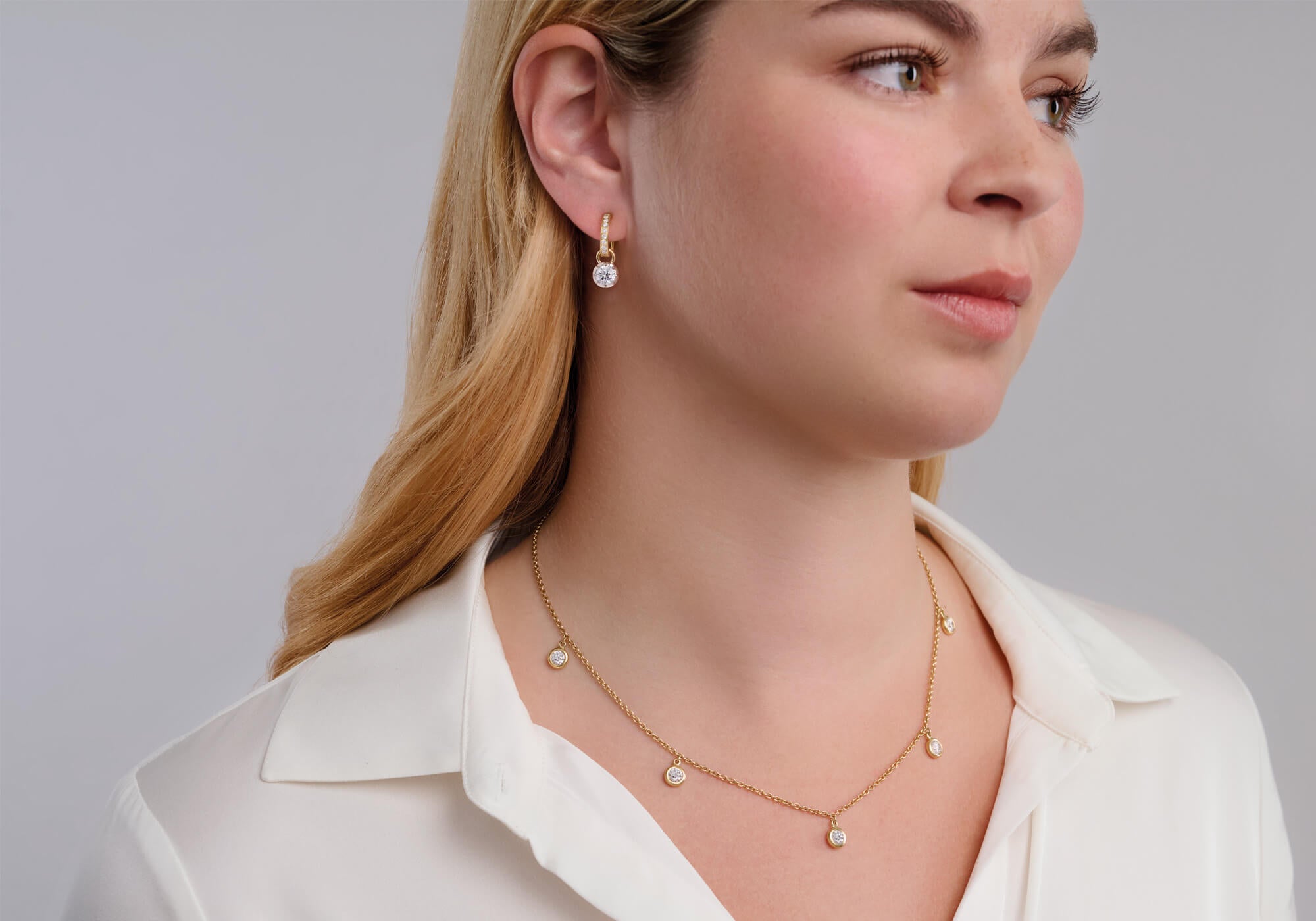 Model wearing handcrafted jewels with diamonds for every day
