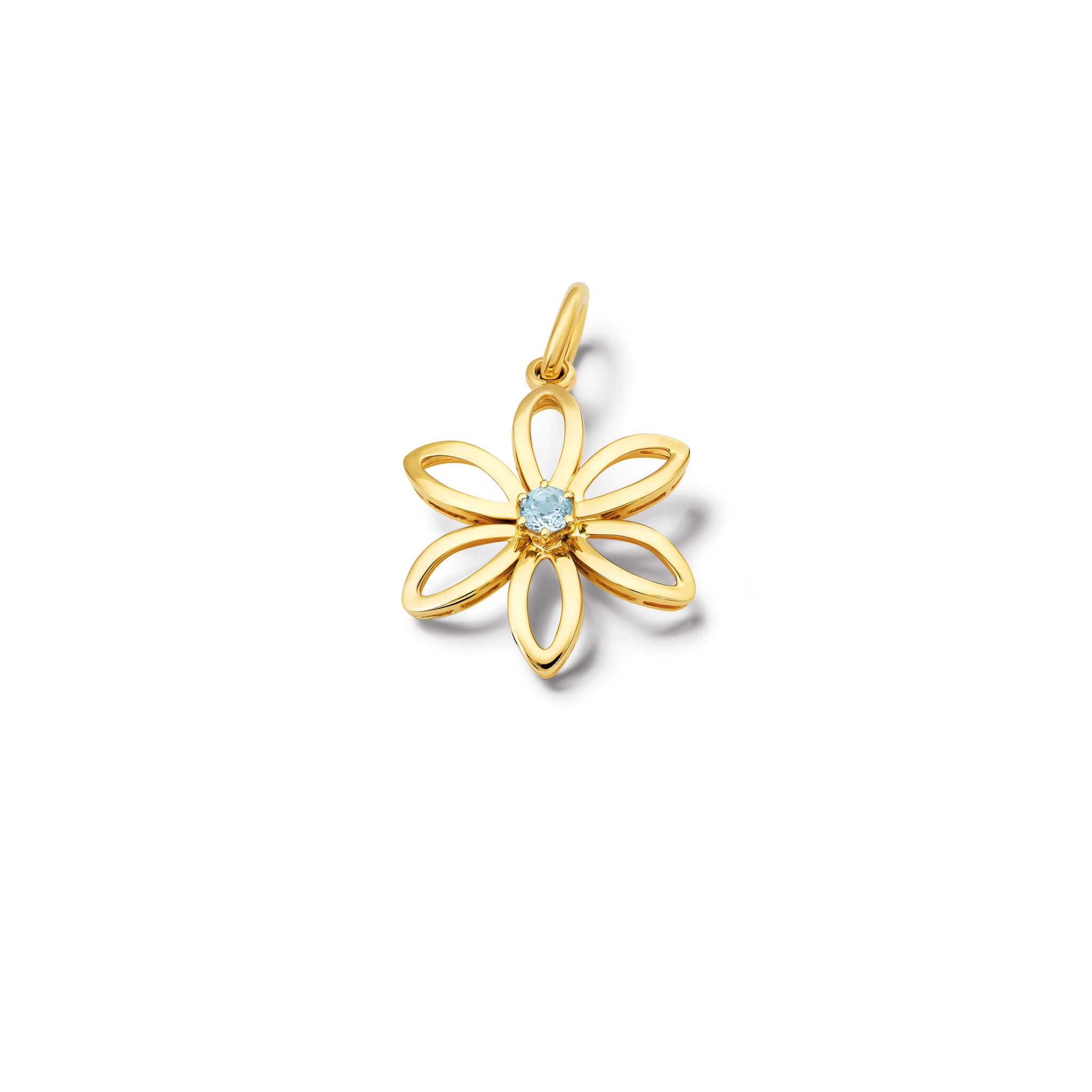 Handcrafted yellow gold flower necklace pendant with a central blue topaz, birthstone of November.