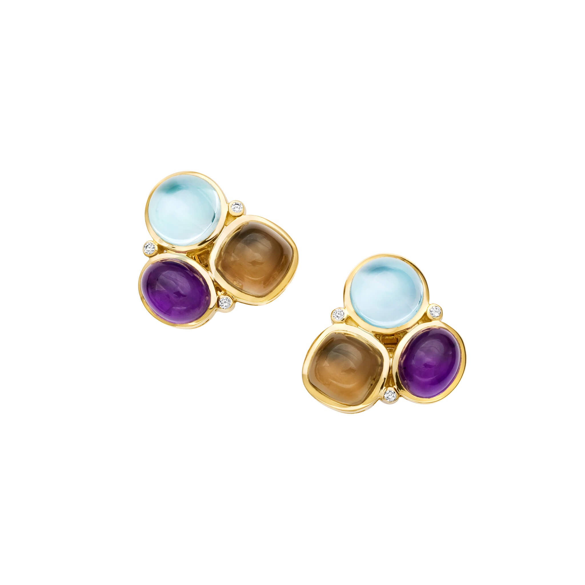 Handcrafted fuscata earrings in 18ct yellow gold with cabochon amethyst, smoky quartz, blue topaz and diamond are inspired by the Japanese Heraldic crest