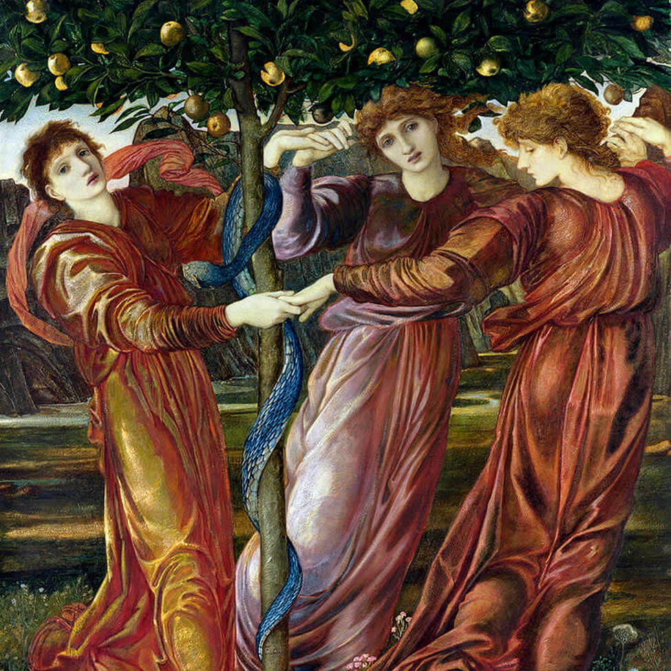 Artistic depiction of three Hesperidess protecting a garden with golden apples