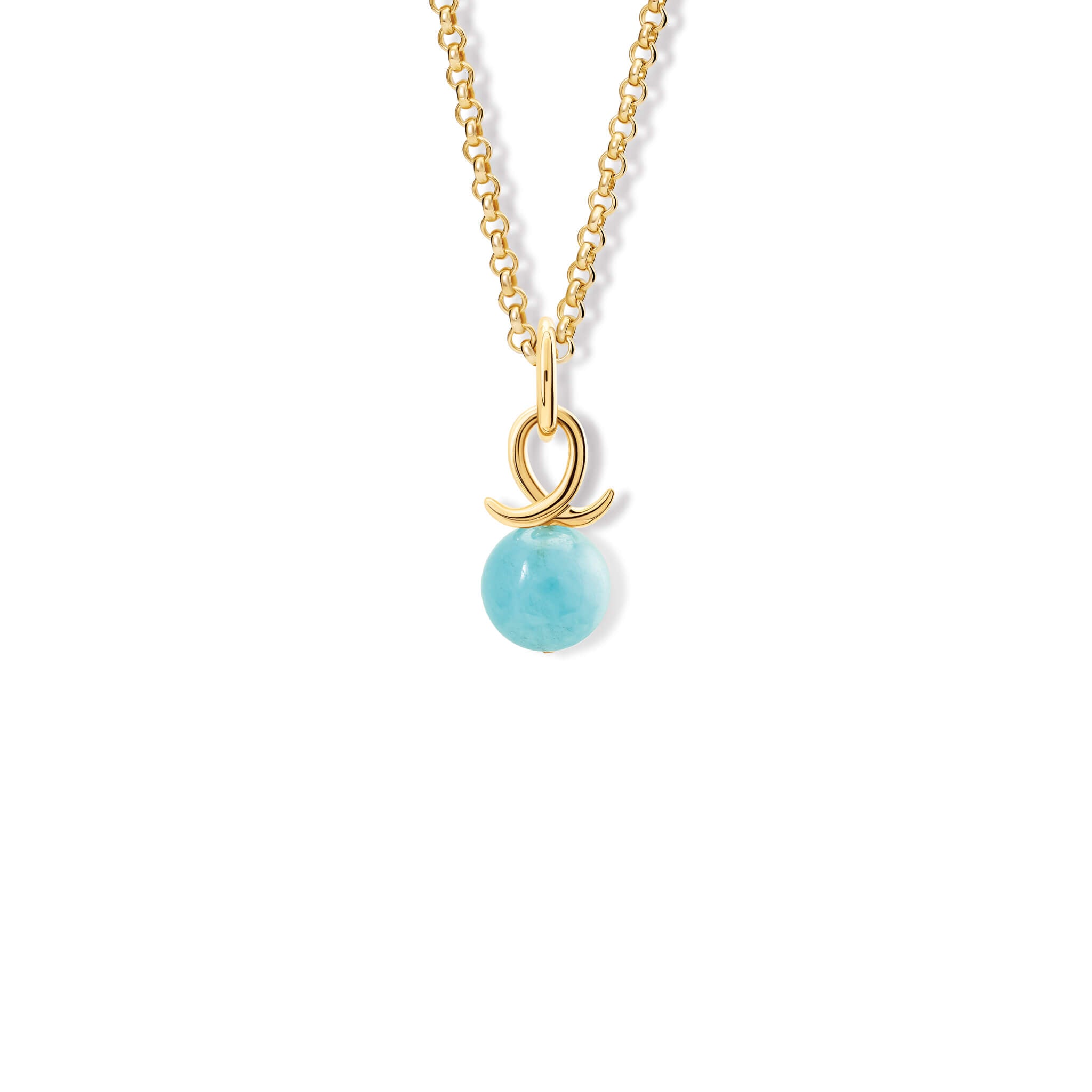 Handcrafted 9ct yellow gold necklace pendant with round aquamarine and an oval loop shape crossing over, march birthstone