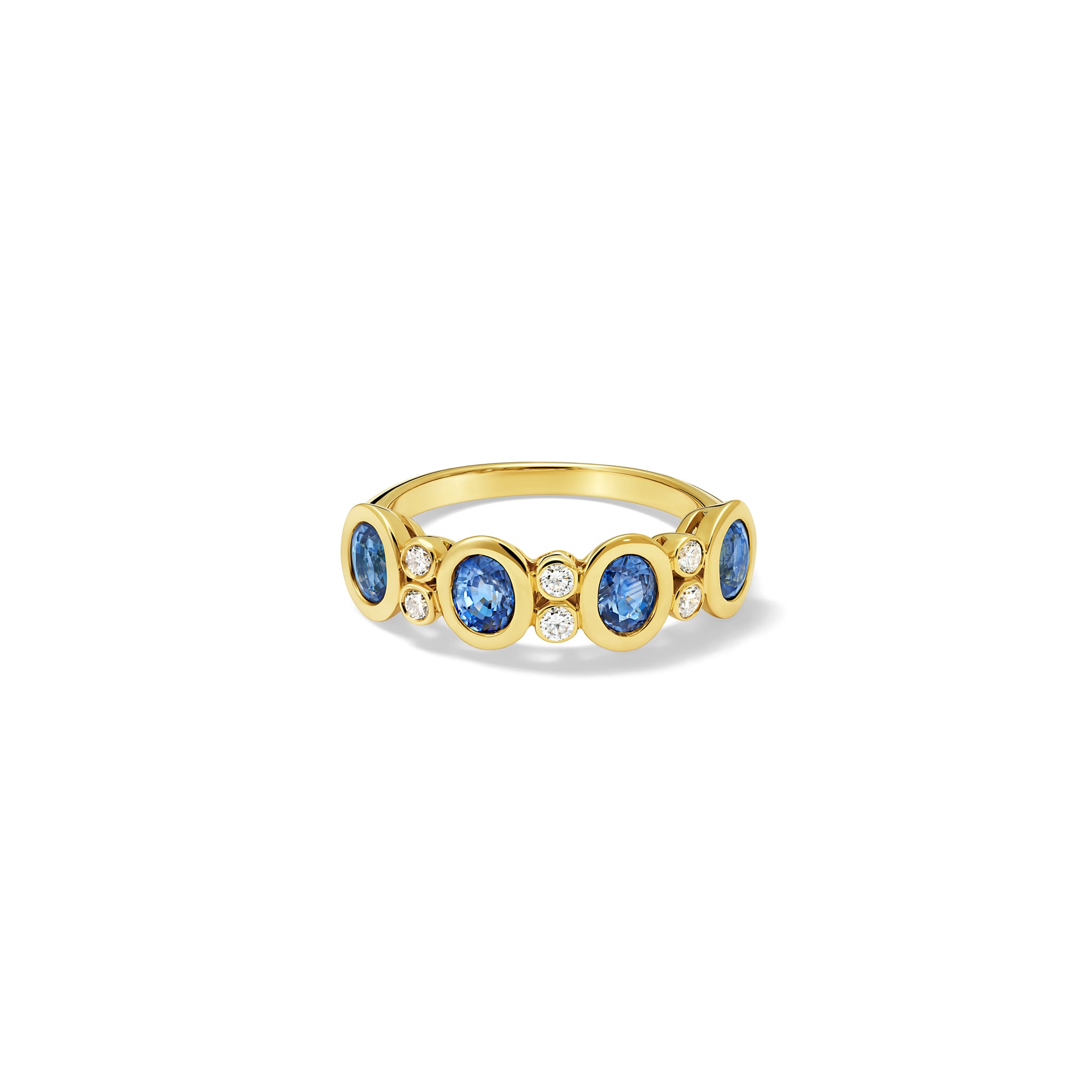 Handcrafted Imara half-eternity ring in 18ct yellow gold with oval cut blue sapphire and diamond, September birthstone