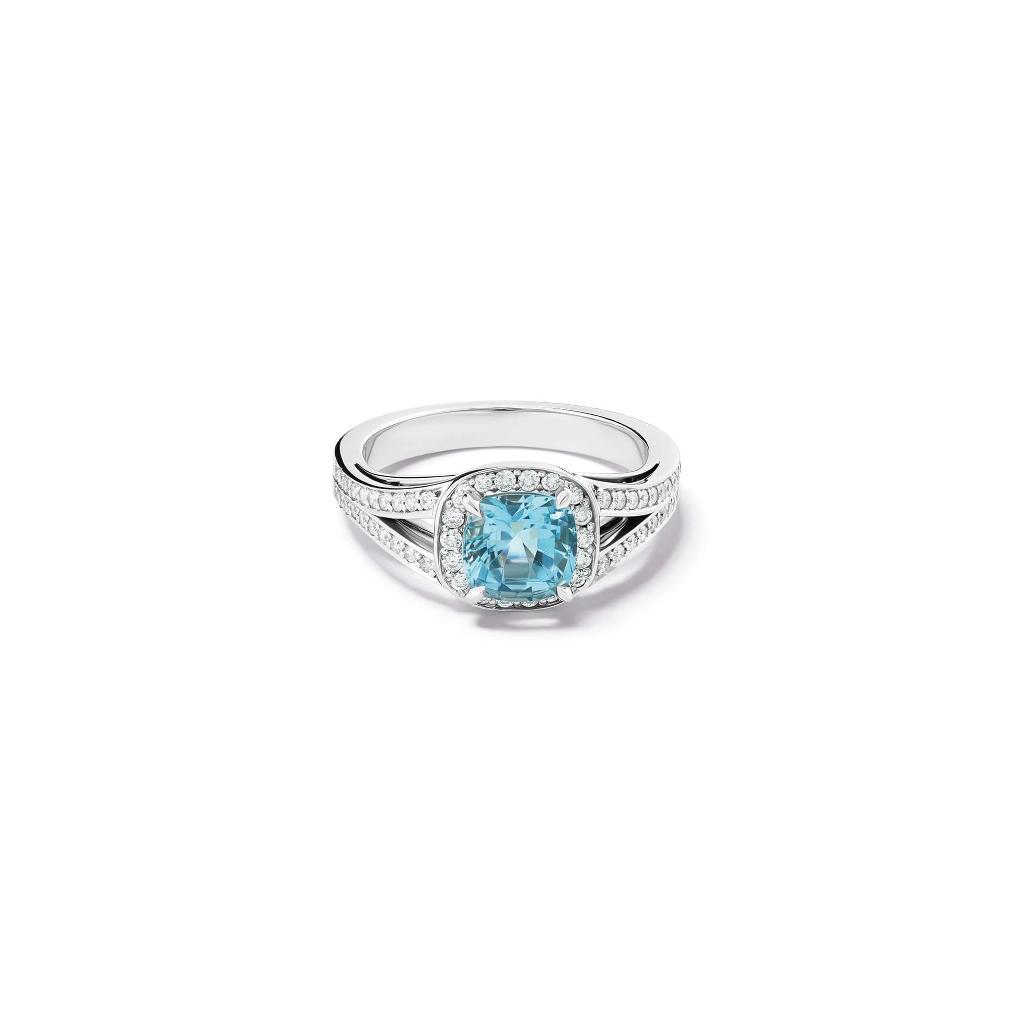 Handcrafted white gold Iola engagement ring with cushion cut aquamarine and diamond pave split shank.