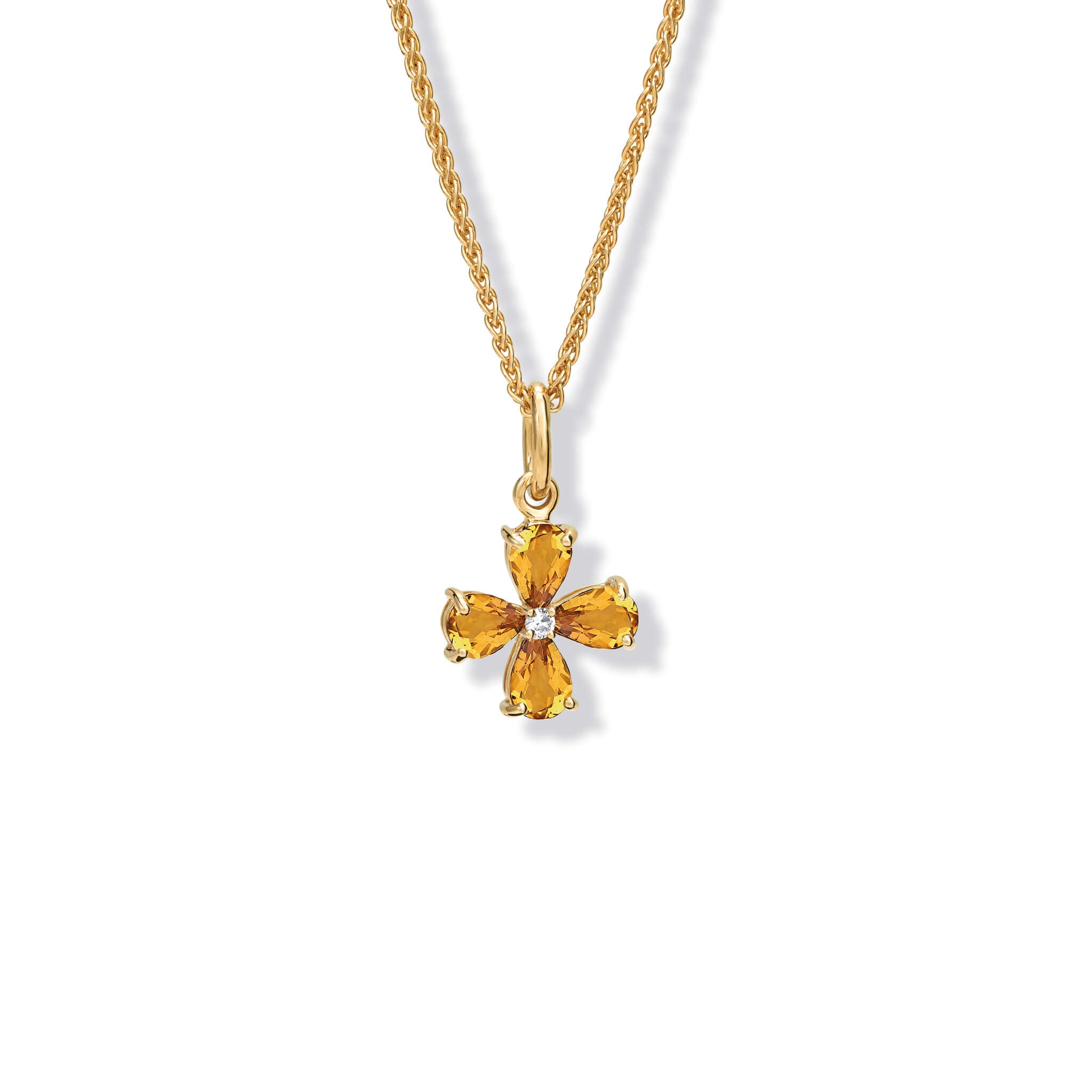 Handcrafted yellow gold four-leaf clover necklace pendant with citrine and diamond, November birthstone