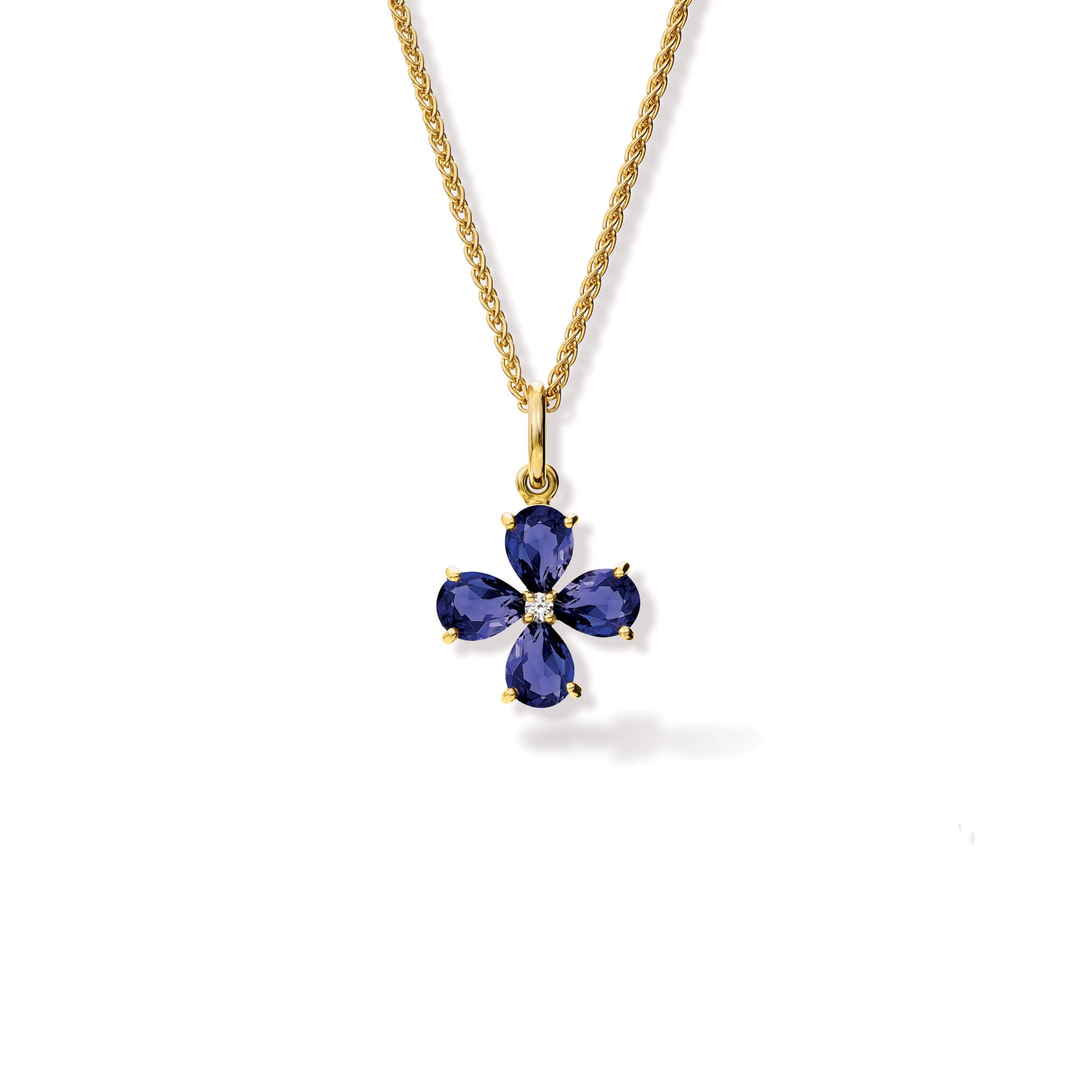 Handcrafted yellow gold four-leaf clover necklace pendant with iolite and diamond.