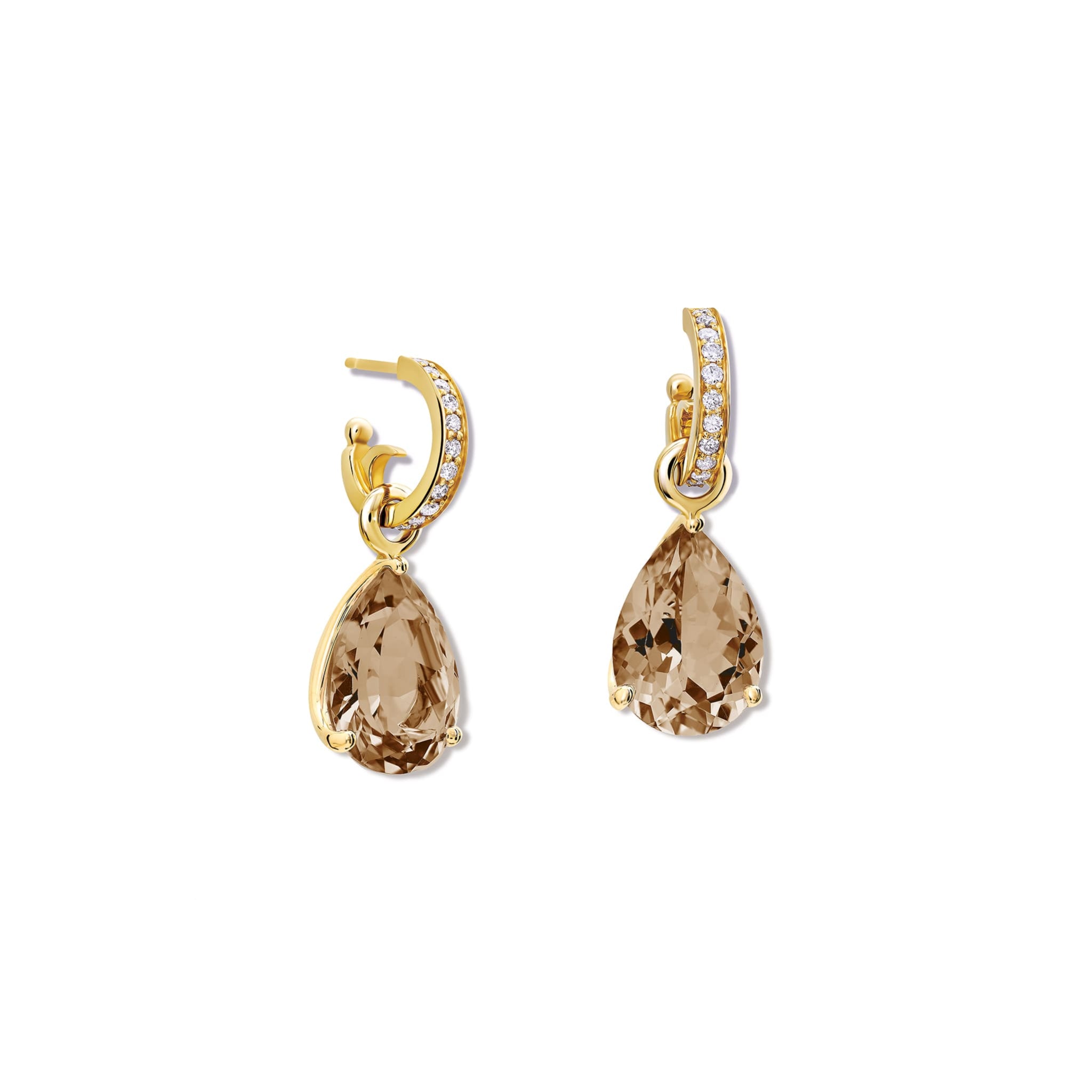 Handcrafted yellow gold earring drops with teardrop shaped smoky quartz