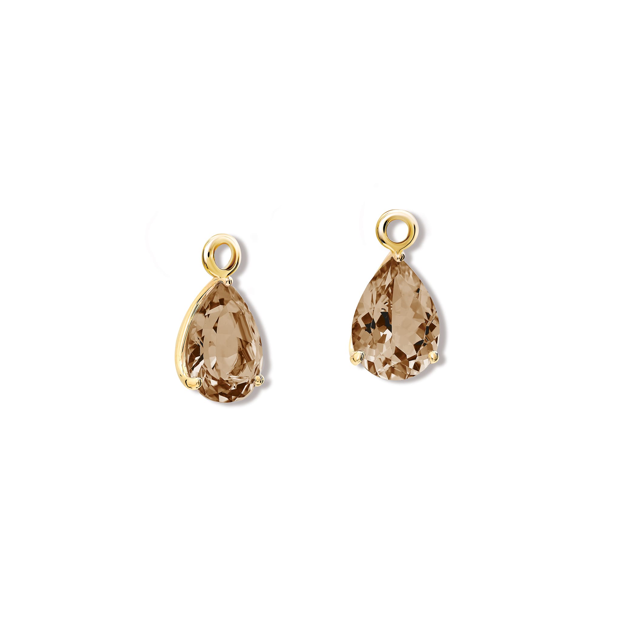 Handcrafted yellow gold earring drops with teardrop shaped smoky quartz